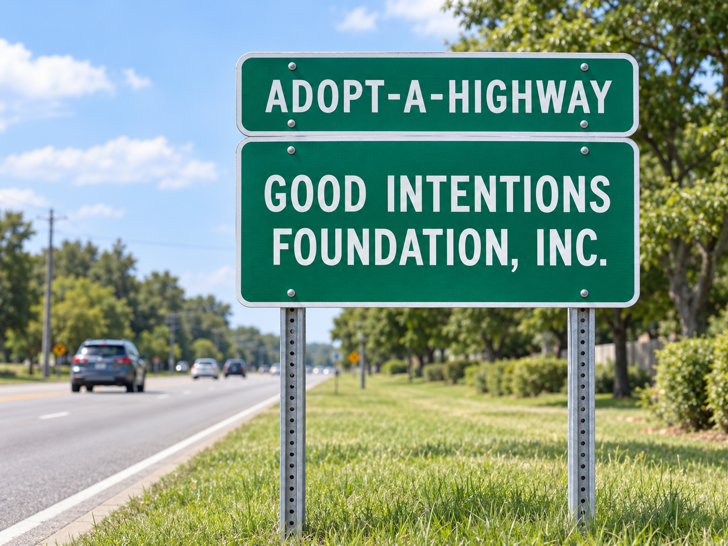 Preview of an Adopt-A-Highway sign displaying Good Intentions Foundation, Inc.