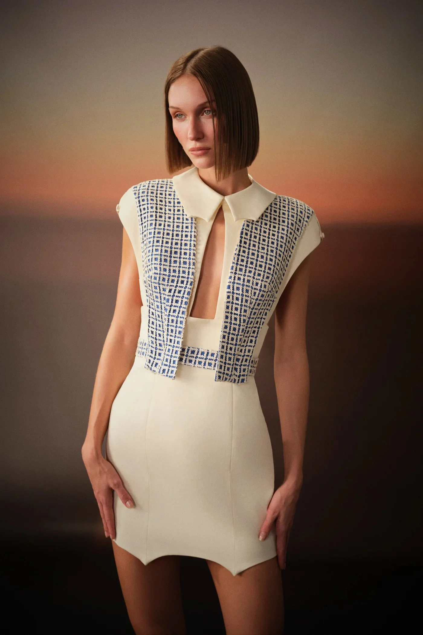 A woman with straight, shoulder-length brown hair wearing a sleeveless beige dress with a geometric blue pattern on the top, standing against a sunset background.