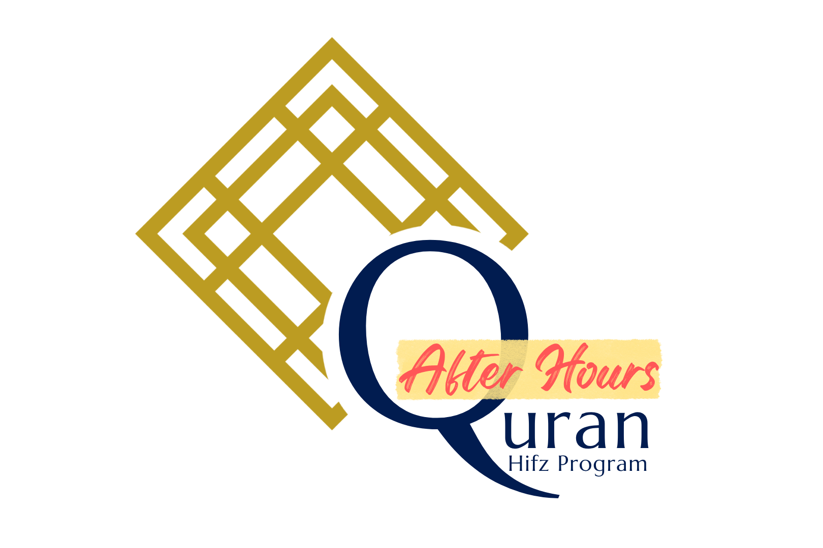Logo for the 'After Hours QURAN Hifz Program' featuring a stylized gold geometric pattern, a large dark blue letter 'Q', and a yellow brushstroke with pink cursive text 'After Hours' over the 'Q'.