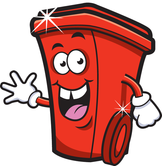 A cartoon red trash can with a smiling face, eyes, and a waving hand - a happy wheelie bin after cleaning!