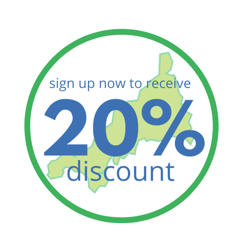 A circular badge with a green outline, containing a map of New York State in the background and text that says 'sign up now to receive 20% discount'.