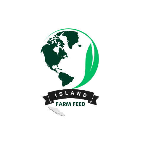 Logo featuring a green and black world map with an island silhouette and the text "Island Farm Feed".