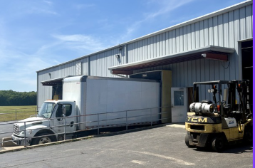 Loading dock with a white delivery truck and a yellow forklift in front of a large industrial warehouse building.