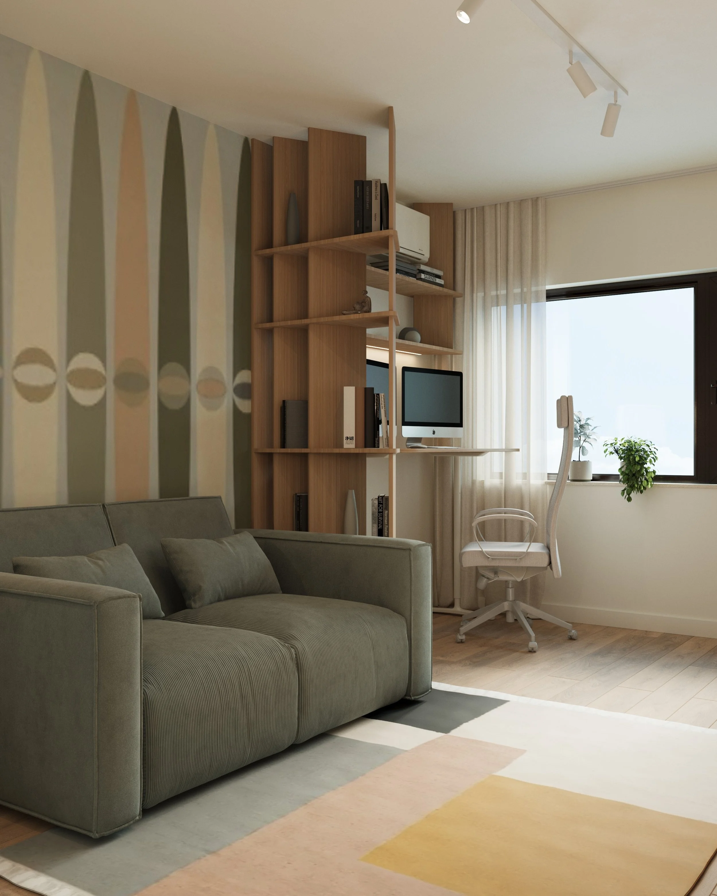 Living room with green sofa, wooden shelving unit, desktop computer, office chair, window with sheer curtains, and potted plants, in a bright room with multicolored floor tiles.