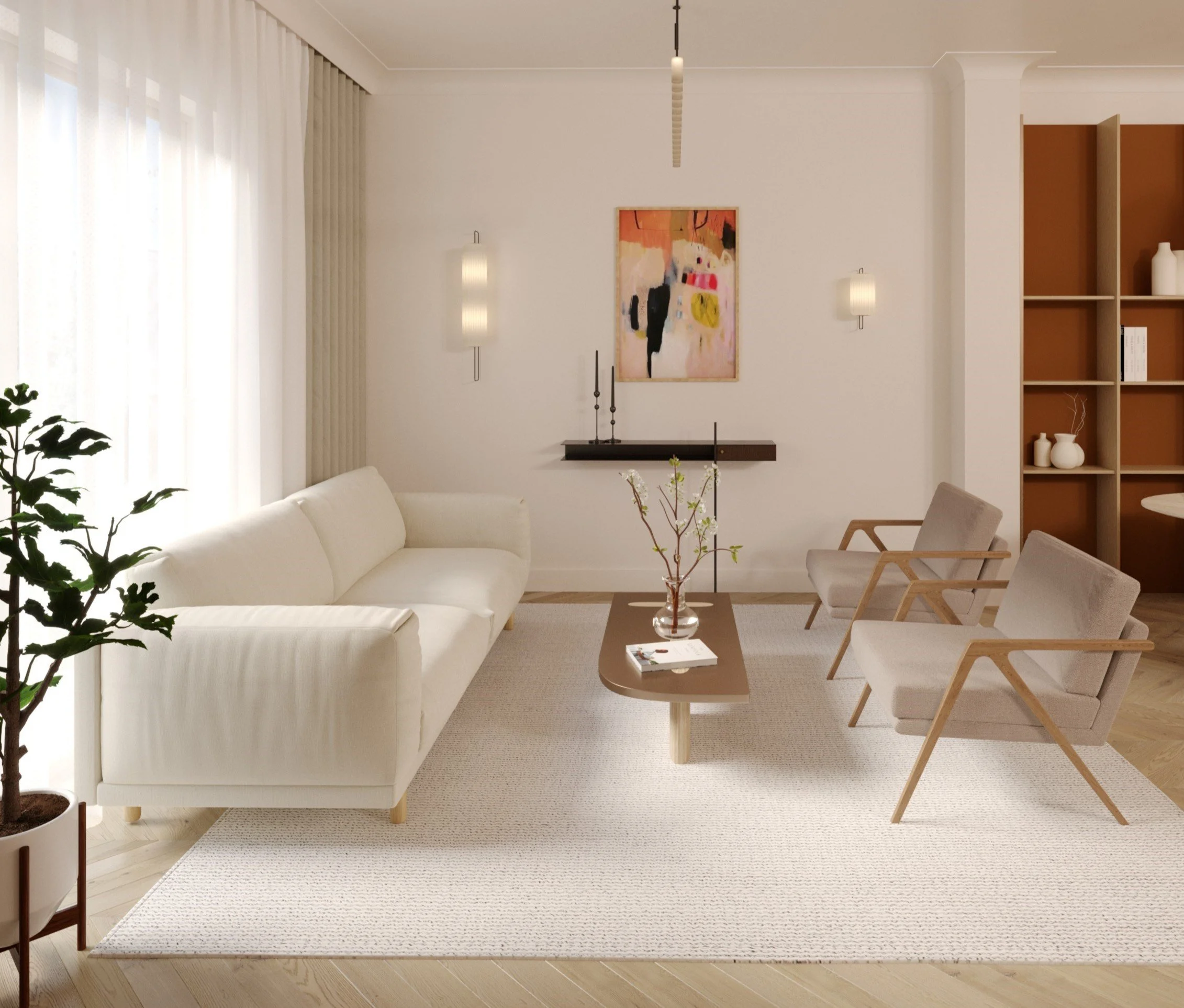 Living room with white sofa, beige armchairs, a wooden coffee table with a glass vase, a potted plant, and abstract art on the wall.