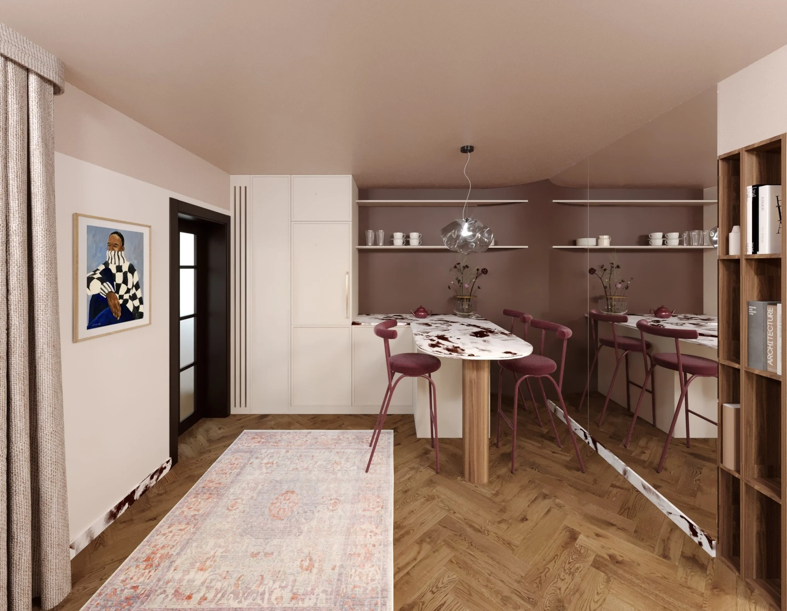 Modern kitchen and dining area with a curved marble island, pink barstools, wooden flooring, and a beige sofa with a blanket in the foreground.