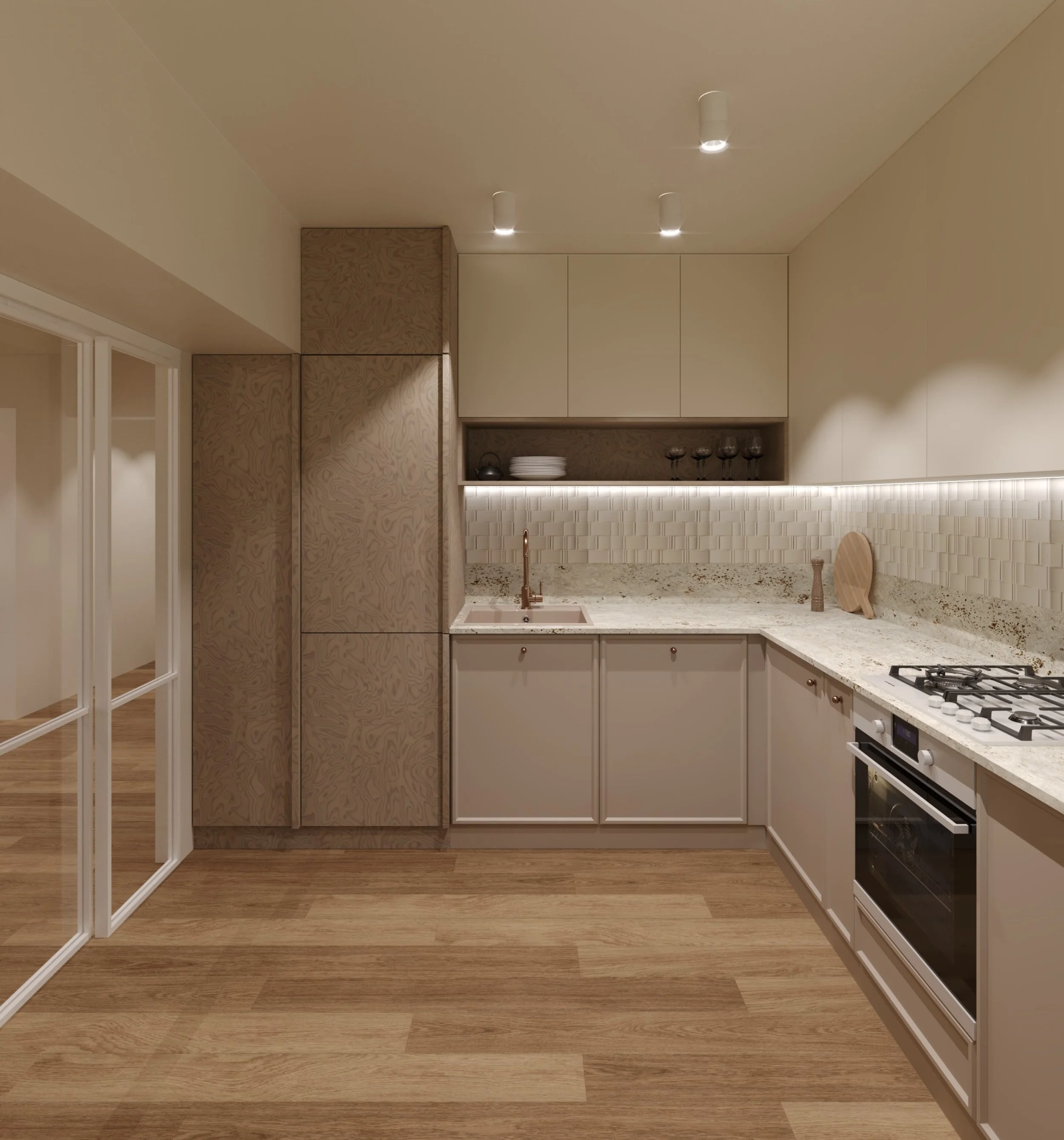 Modern kitchen with beige cabinets, granite countertops, white backsplash, wooden flooring, and ceiling-mounted lights.
