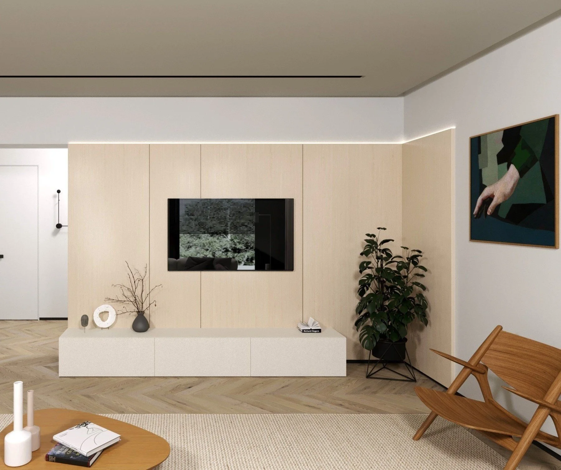 Modern living room with a beige wall, black framed TV, small plant in a black pot, wooden lounge chair with a slanted backrest, a white sideboard, and a round wooden coffee table with vases and books. Artwork of a hand on the wall, large window, and hardwood floor.