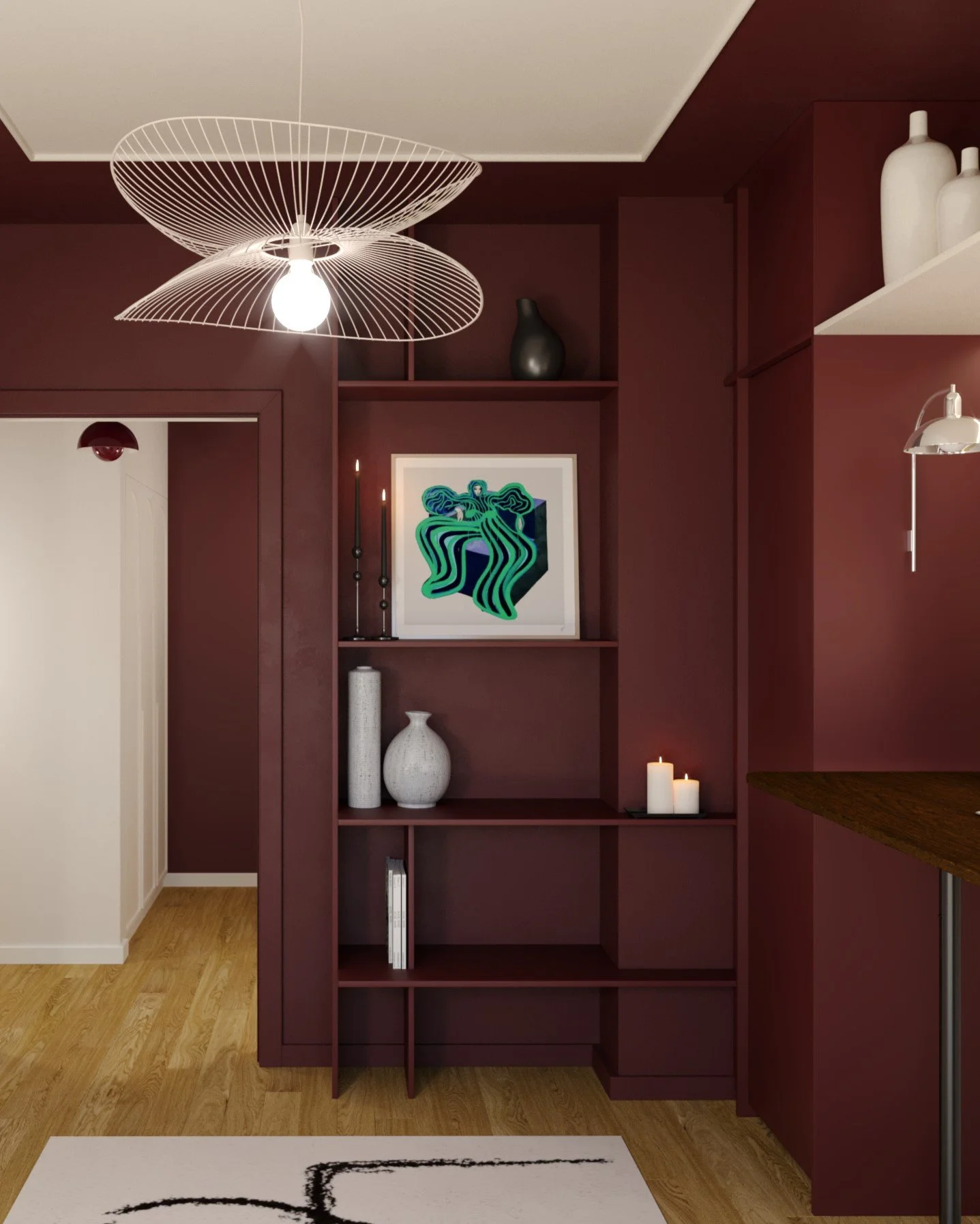 Modern interior room with white and dark red walls, a white door, a wooden floor, a white rug with black abstract design, a built-in desk with a computer, shelves with decorative vases and candles, and a unique wire pendant light