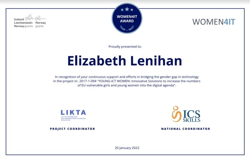 Women4IT Ambassador Award Cert