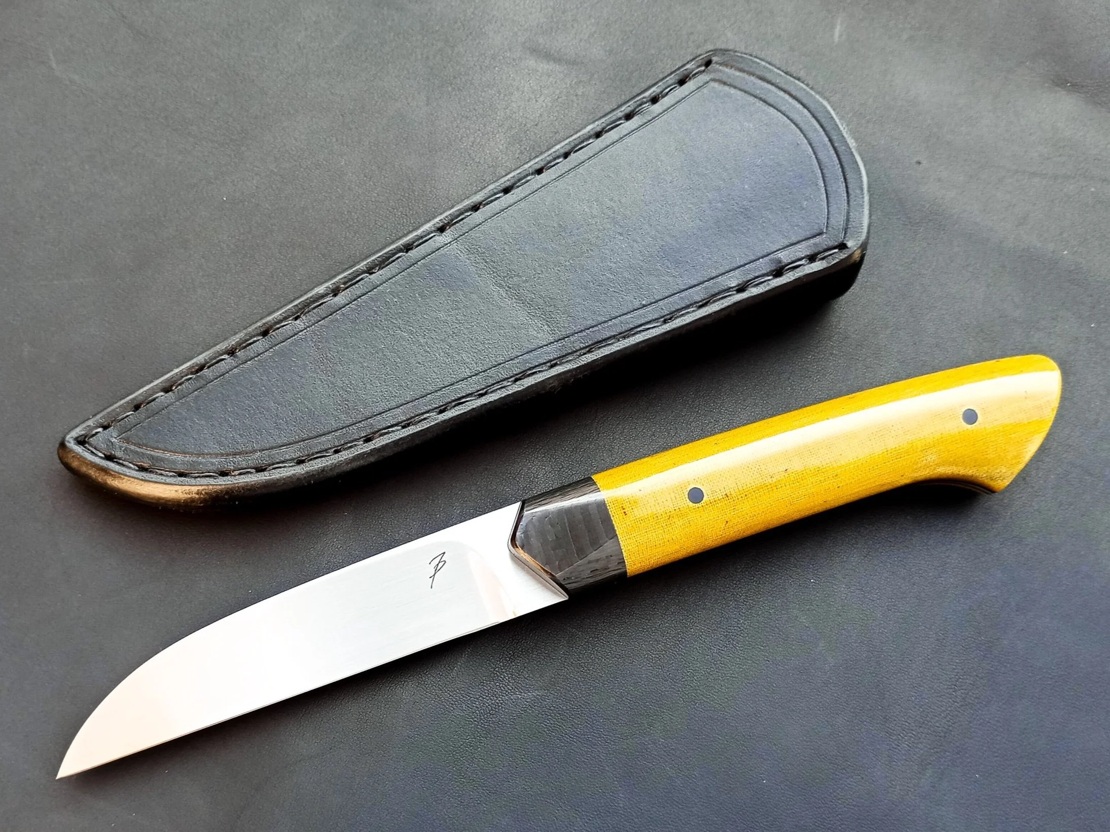 A pocket knife with a vintage micarta handle.