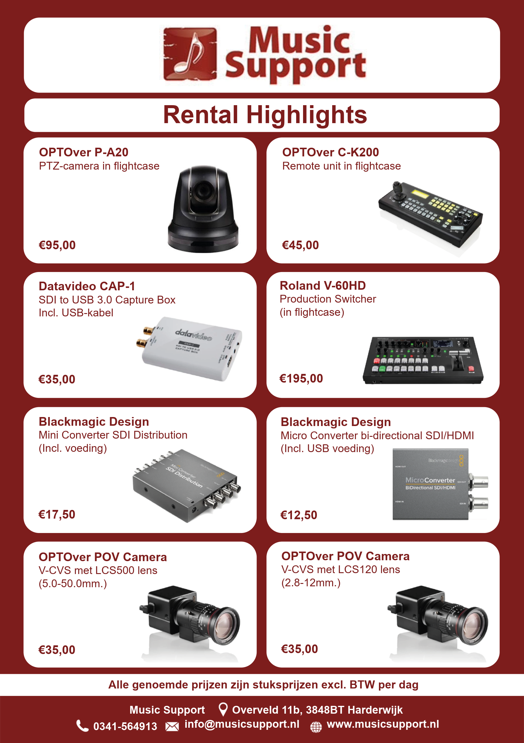 Flyer ontworpen door freelance grafisch ontwerper Digidale. Op de flyer staan verschillende audio visuele apparaten die te huur zijn door Music Support. Grafisch ontwerp voor layout van een A5 Reclame Flyer