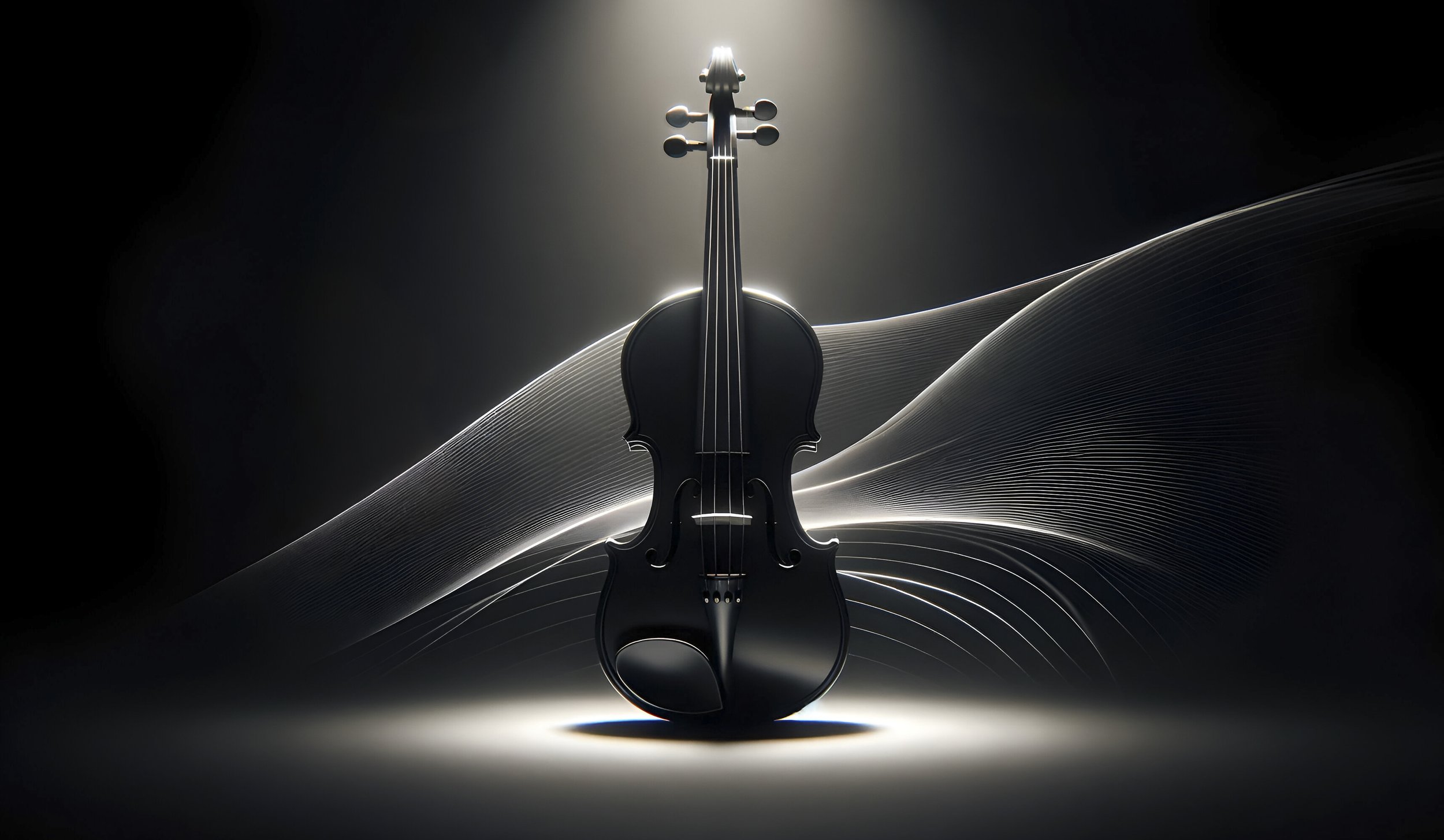 A black violin illuminated from above, standing against a dark background with wavy light streaks behind it.