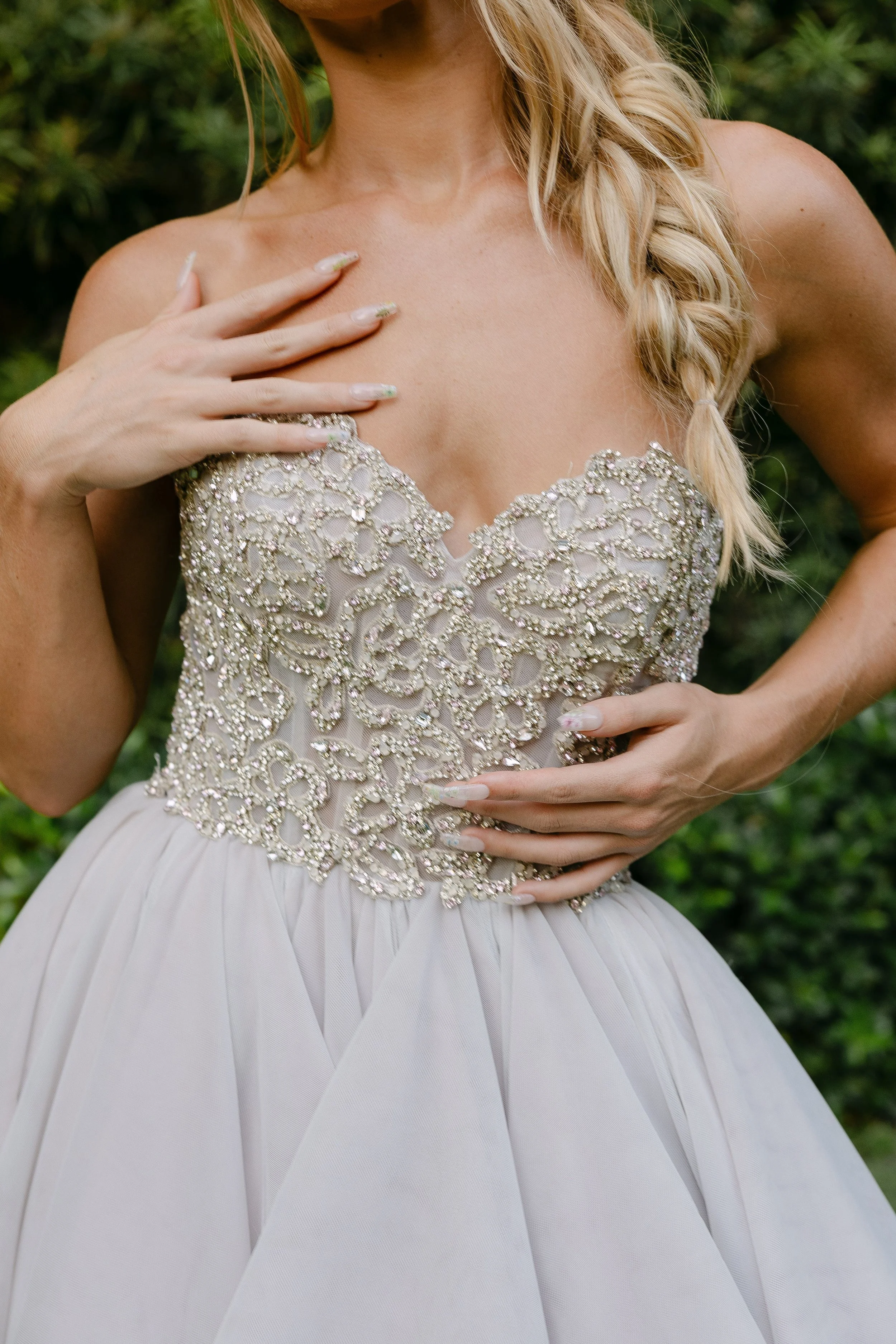 Gray Beaded Bodice Strapless Ballgown With Full Skirt