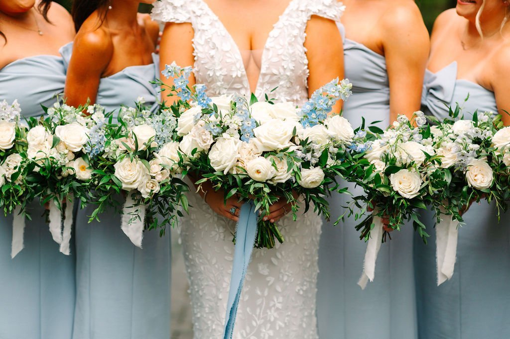 blue and white summer wedding florals