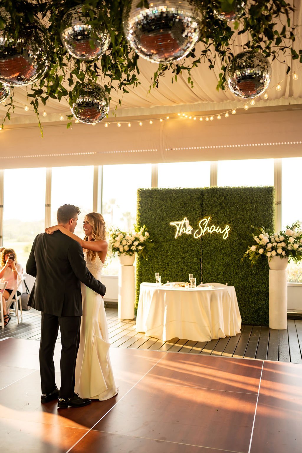 disco ball hanging installment wedding