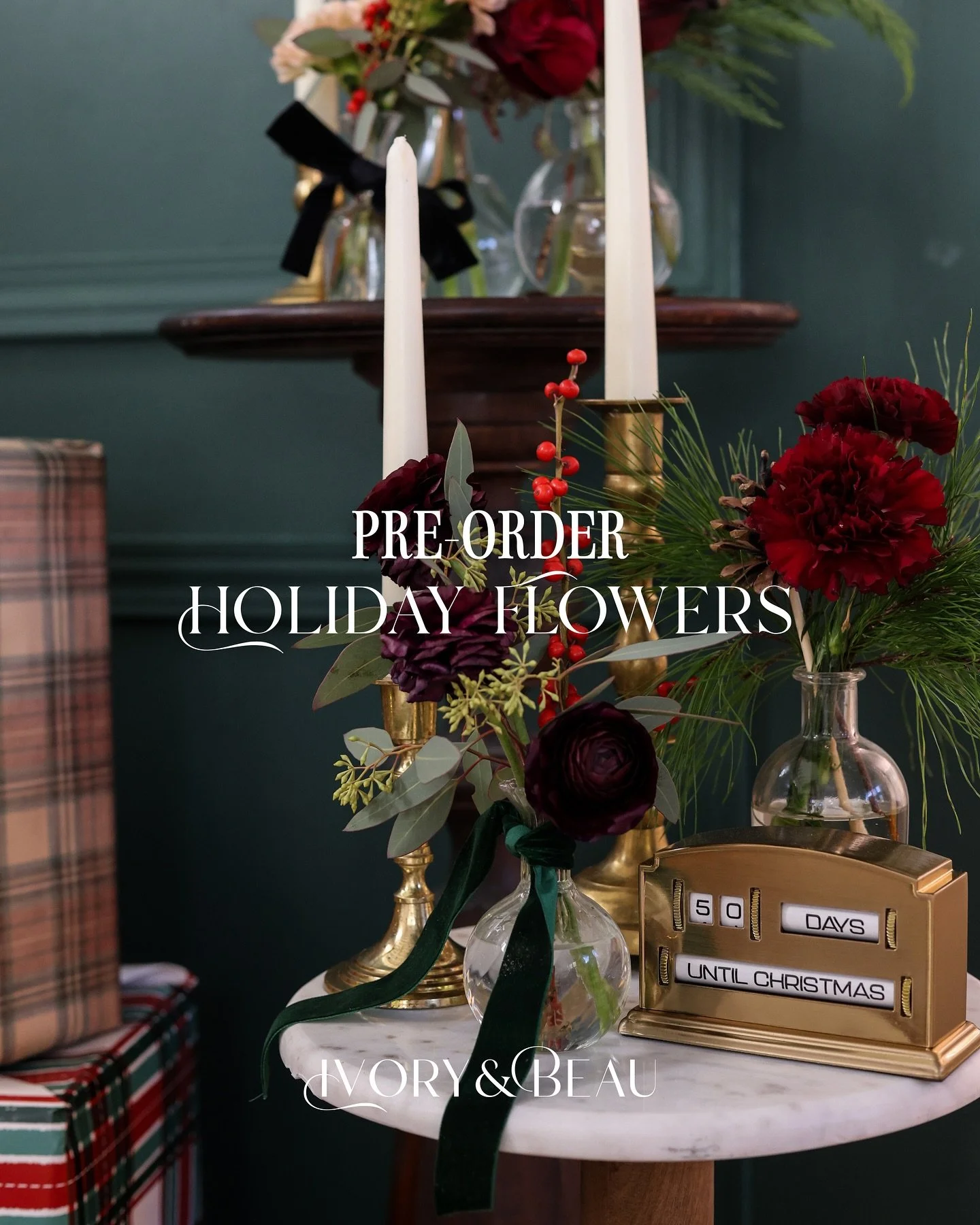 ✨Pre-order your holiday florals and decor from Ivory &amp; Beau! ✨

We want to help you fabulously deck out your table and your home this holiday season! From festive centerpieces to fresh garland to vintage candle holders and tea lights, we have eve