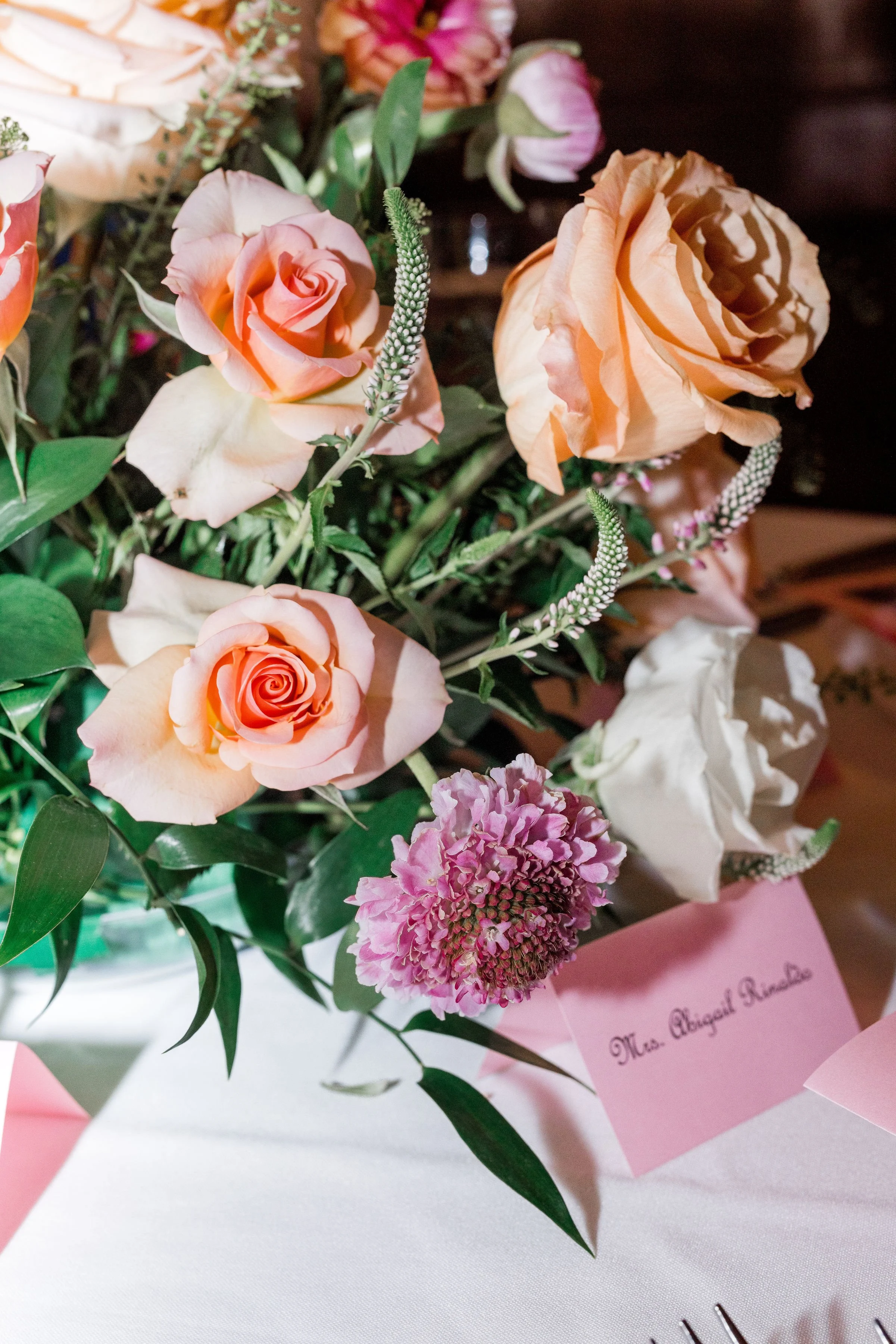 pink and peach wedding flowers for wedding at olde pink house savannah georgia.jpg