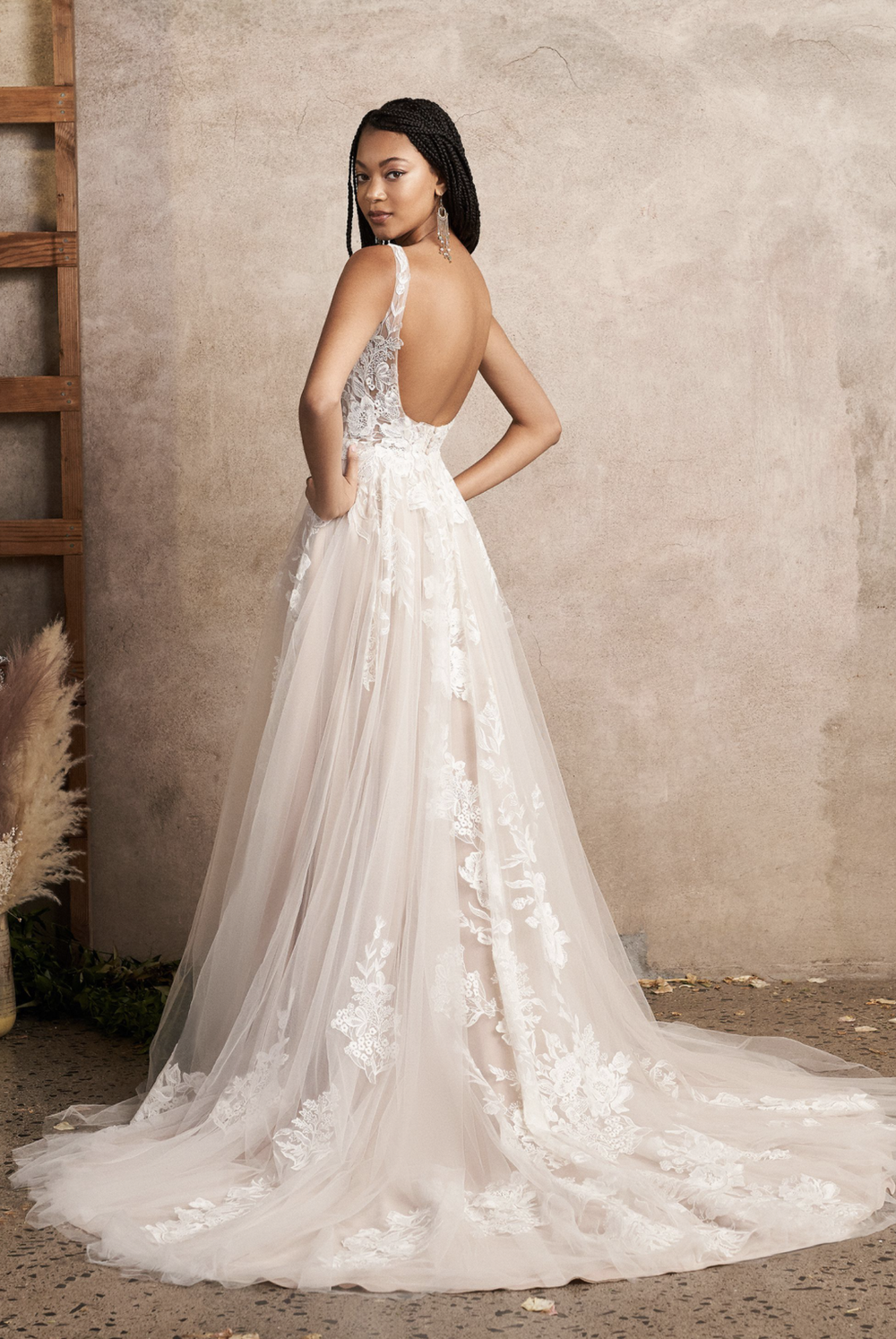 chinese dress ladies Davinci Bridal 50834 Size 16 Ivory/Nude 3D Lace A Line Wedding Dress Cape Sleeves Sheer Beaded Bridal Gown main image 0