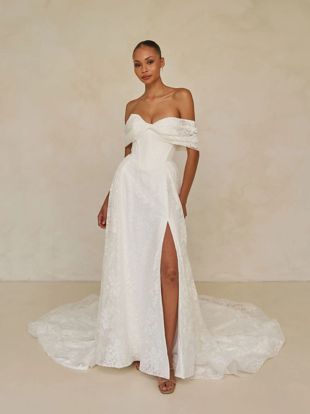 Lace A Line Off the Shoulder Gown with Slit