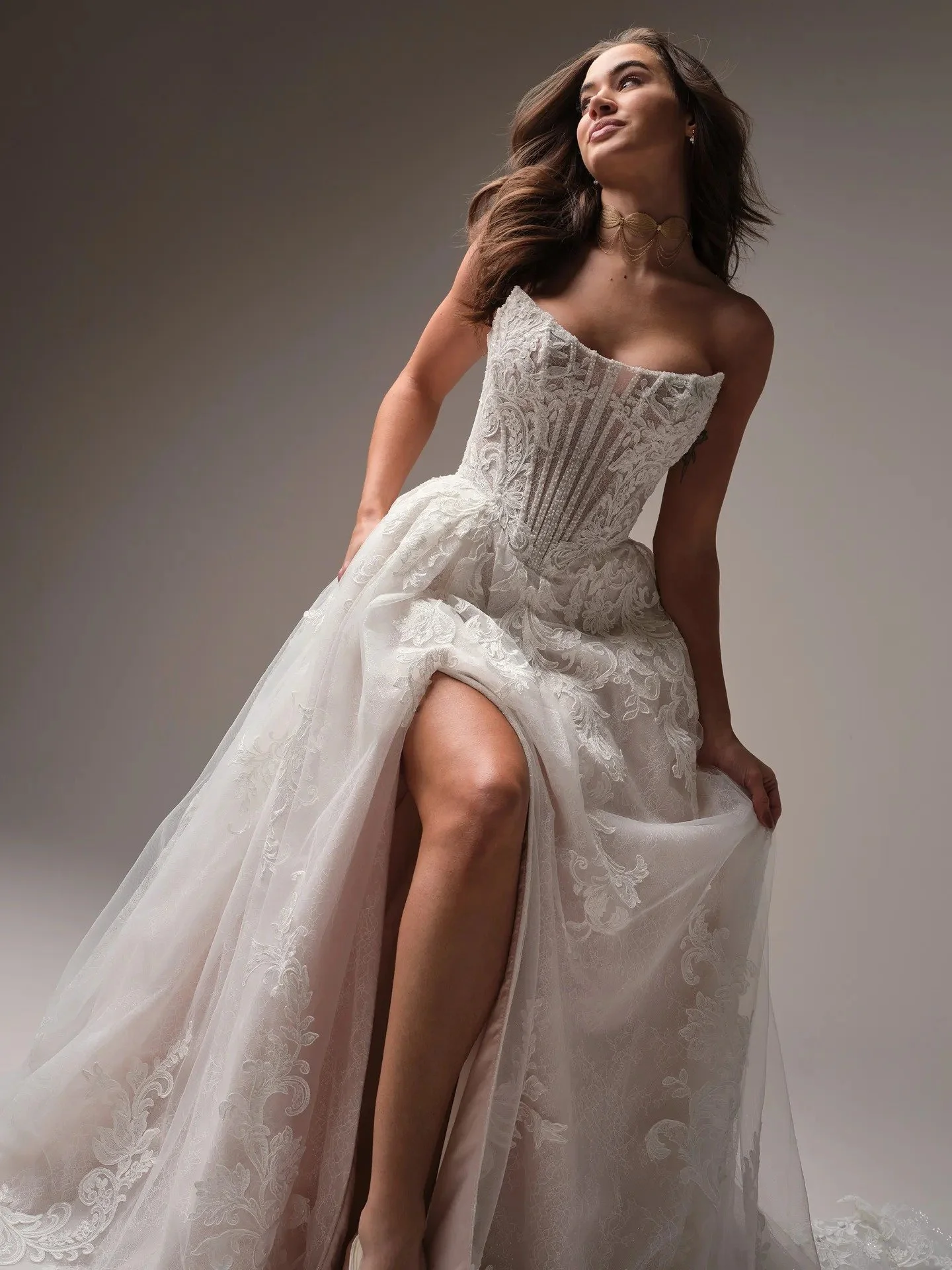 Cat Eye Exposed Boning A Line With Beaded Lace and Slit