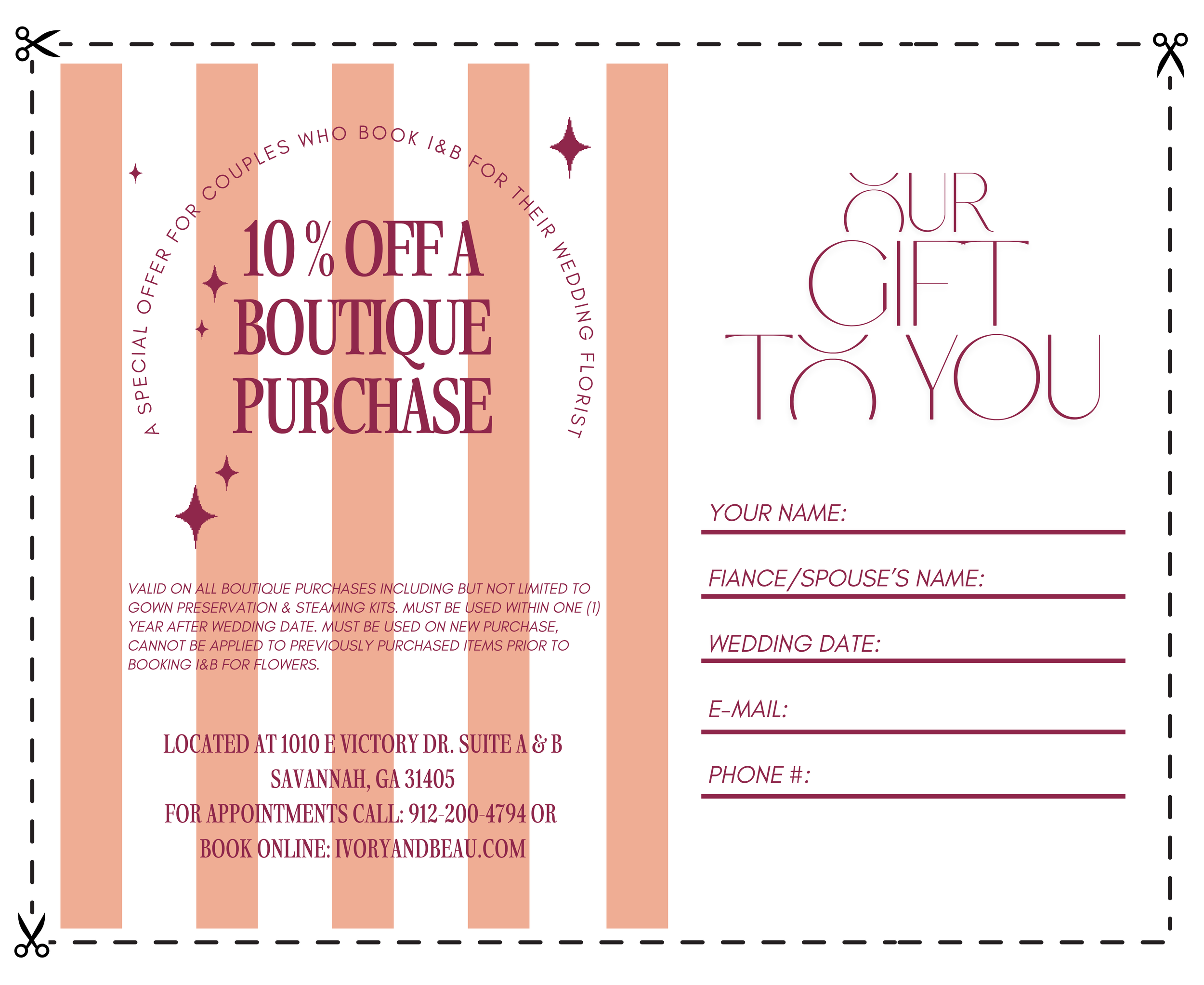 Wedding gift card offering 10% off boutique purchase for couples who book I&B for their wedding florist, with space for names, wedding date, email, and phone number, and details about location and validity.