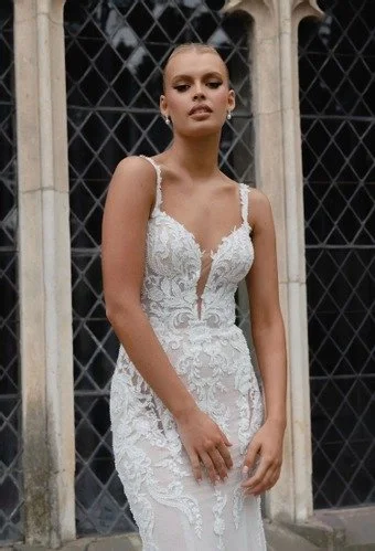 Lace Fitted Sheath Gown with Low Cut Top and Straps