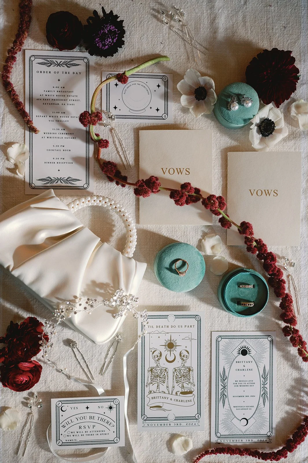 Wedding ceremony flat lay with vows, rings, invitations, flowers, and decorative accessories.