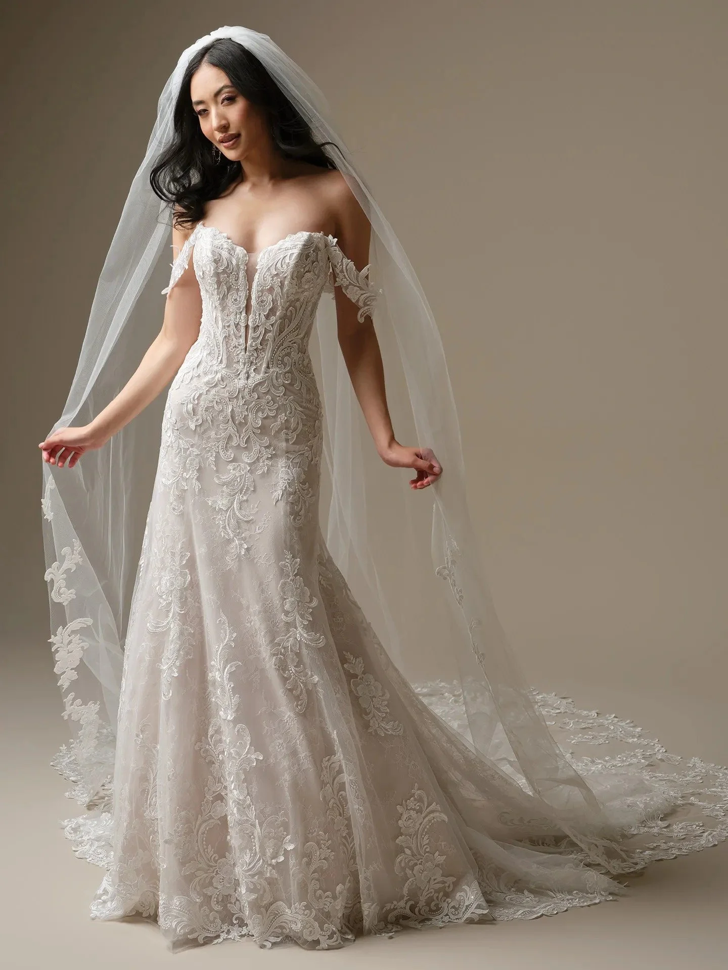 Plunging Sequin Lace Wedding Dress