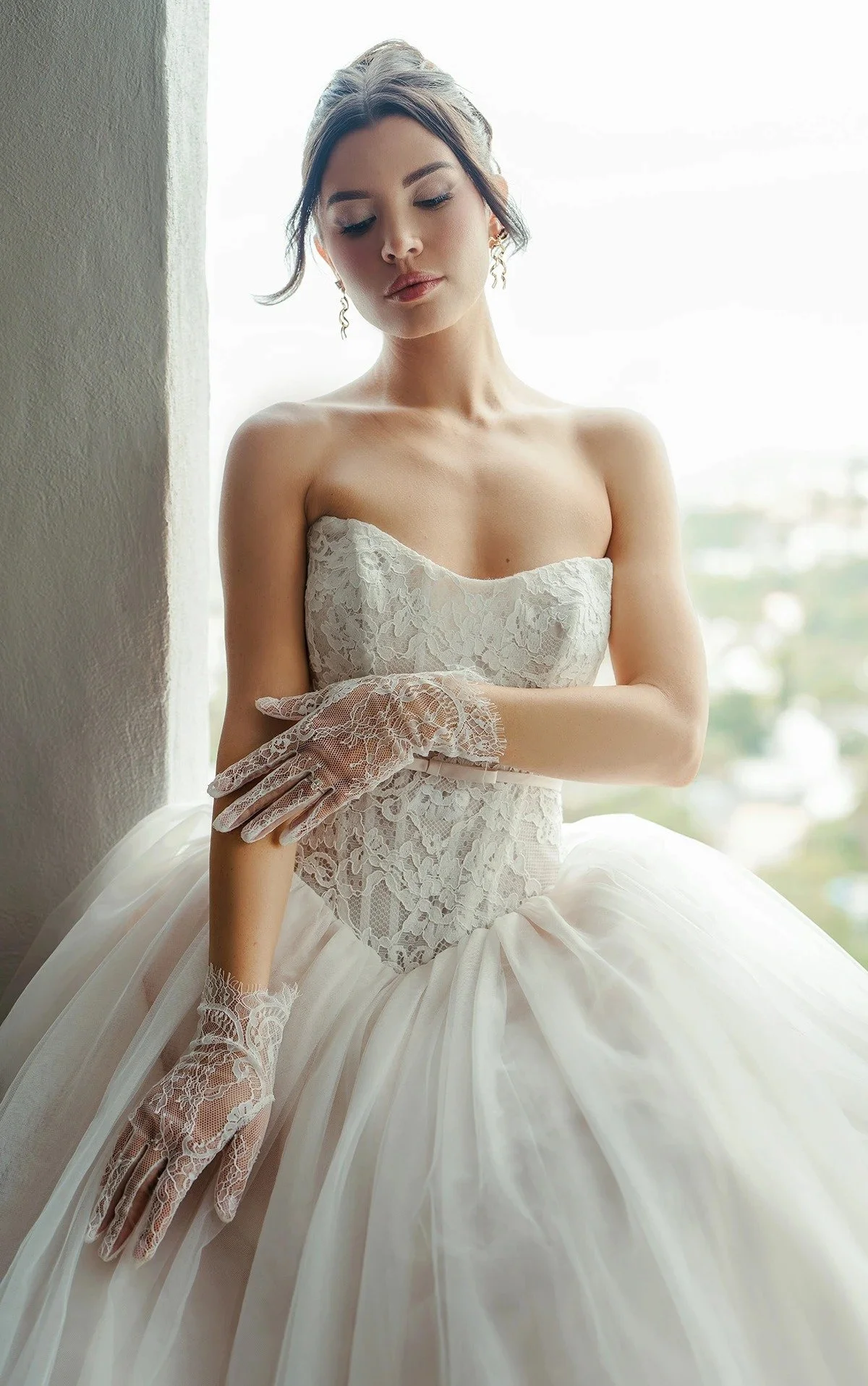 Lace Strapless Ballgown Wedding. with Drop Waist and Tulle Skirt