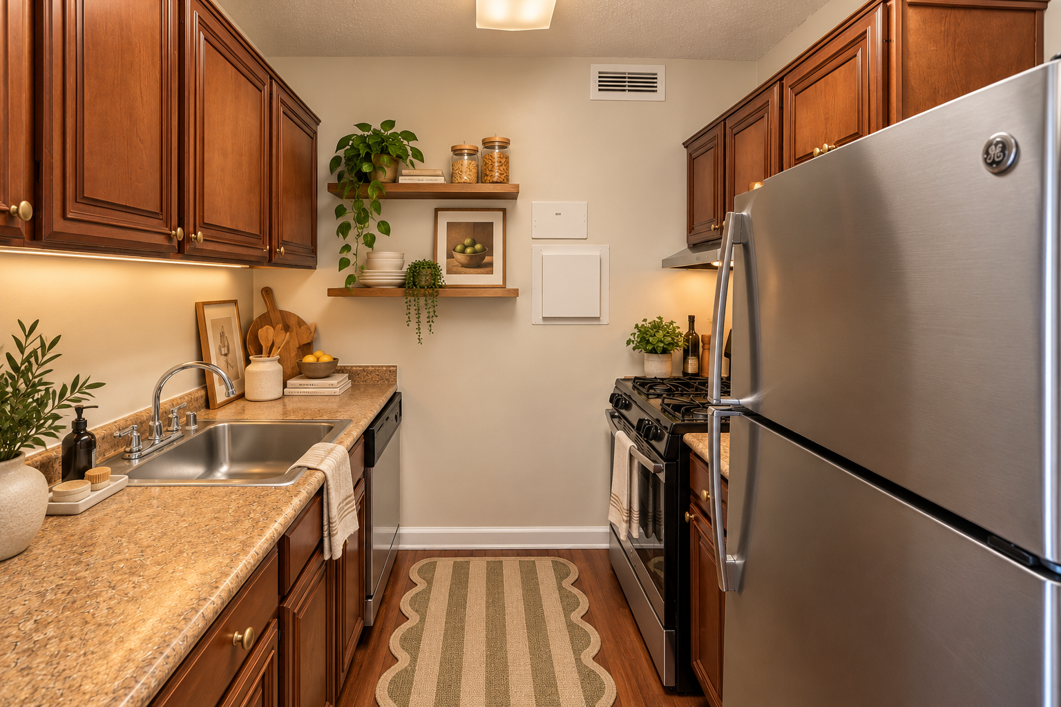 Kitchen with wooden cabinets, stainless steel appliances, and a dark granite countertop, with a dining area visible through an open doorway at Westchester Tower Apartments