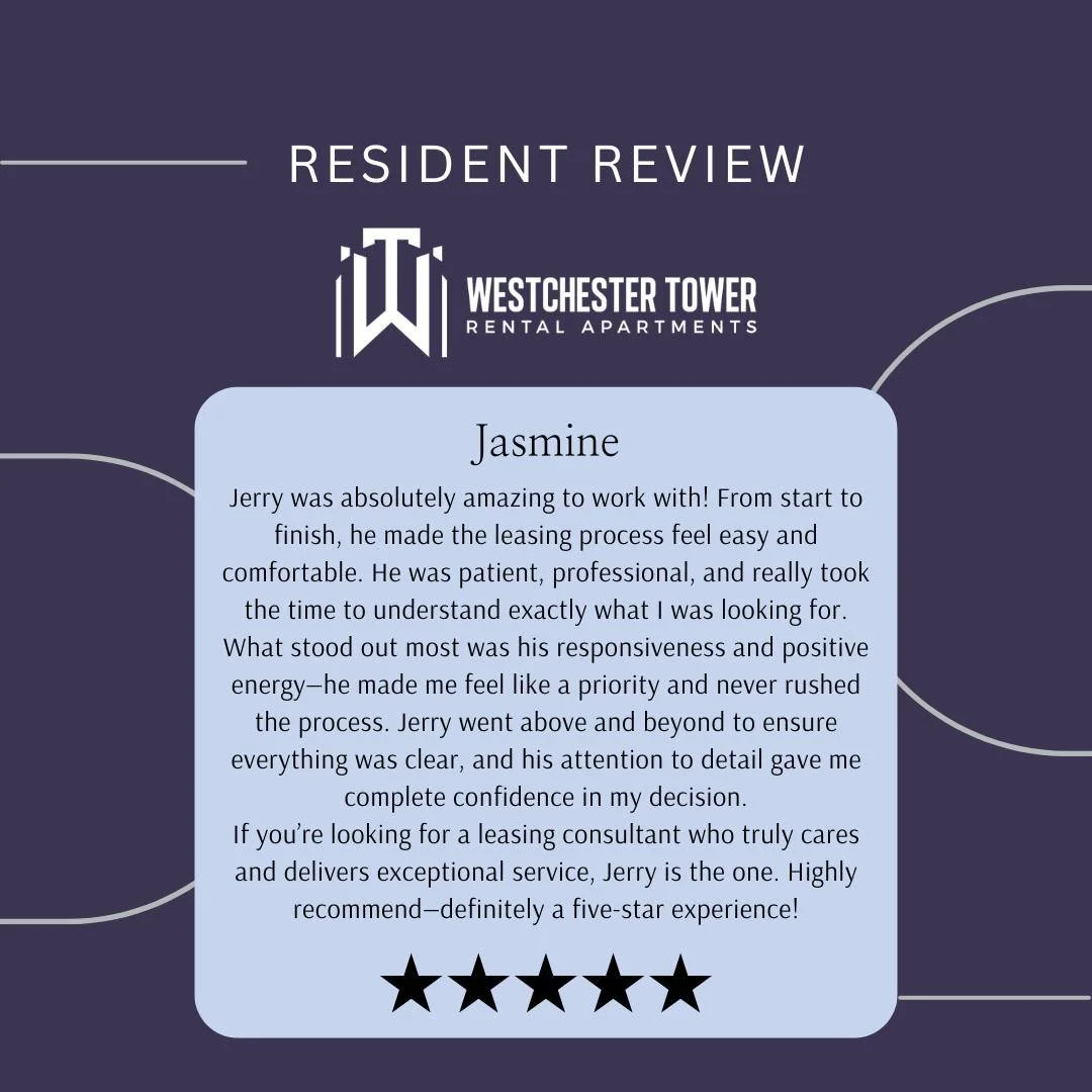 Your feedback helps our community grow! Thank you for sharing your experience with us. If we&rsquo;ve made a positive impact, we&rsquo;d love for you to leave a review and share your story. ✨

#ResidentReview #ApartmentLiving #WestchesterTower #Happy