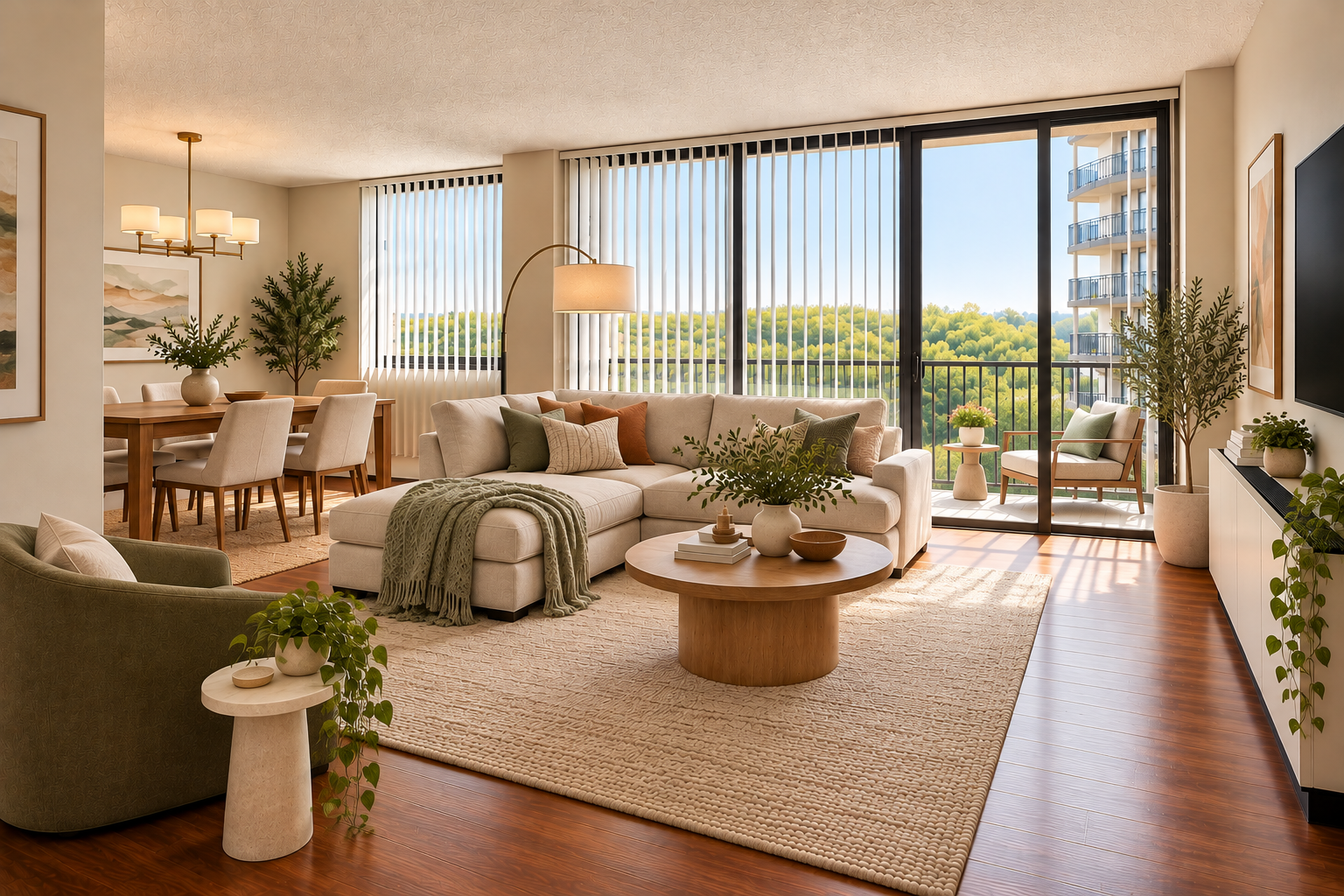 Spacious living room with hardwood floors and big windows.