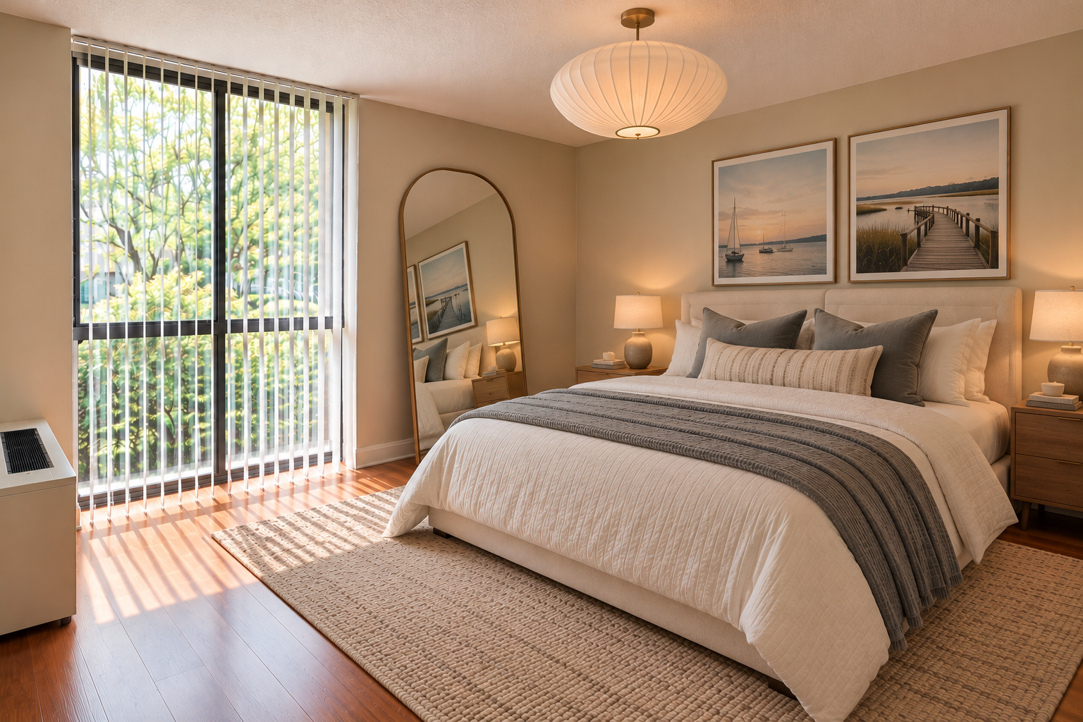 Spacious bedroom at Westchester Tower Apartments featuring a neutral color scheme, wood flooring, and a modern dresser adjacent to a hallway and bathroom area
