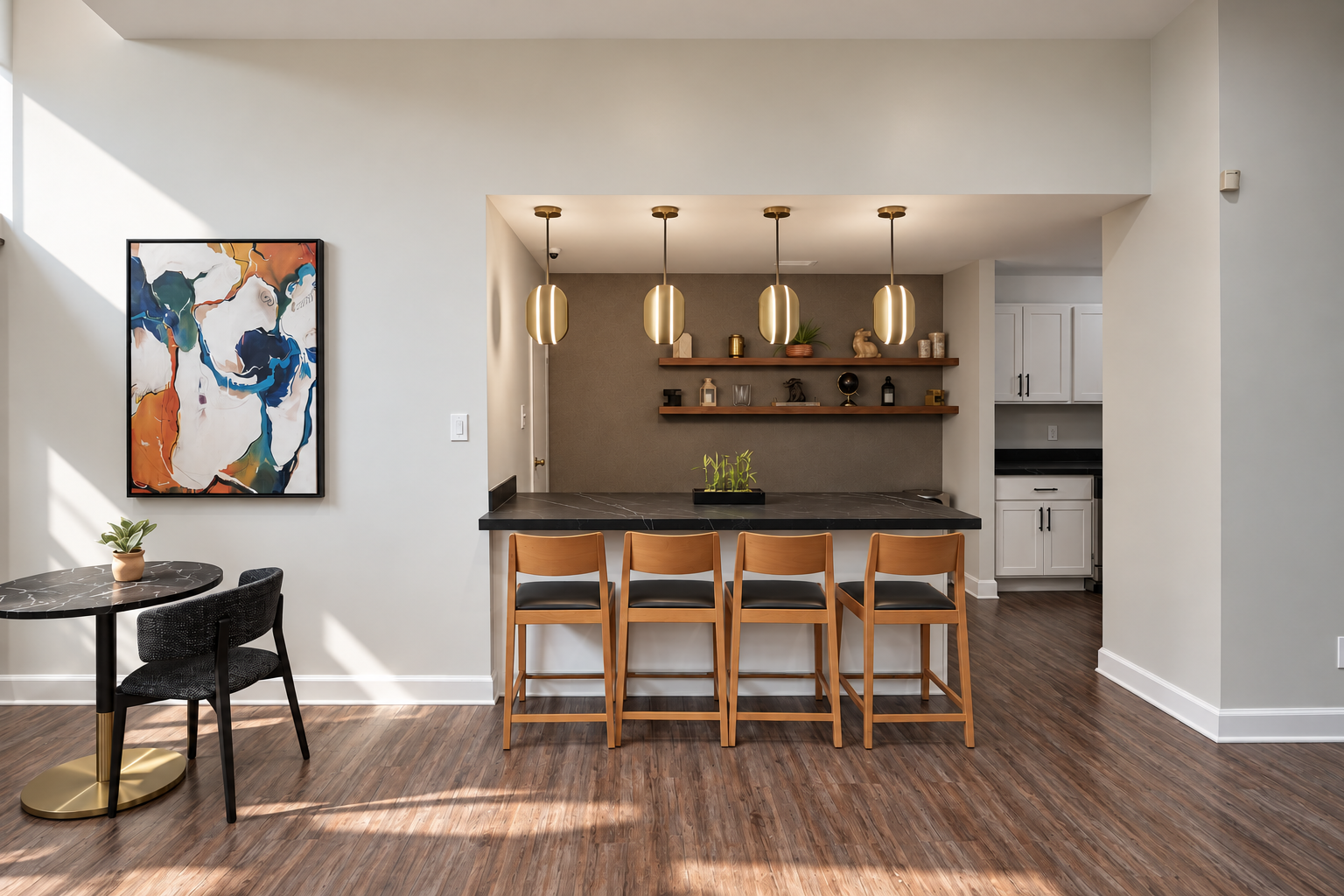 Clubhouse in Maryland with modern seating, a wall-mounted TV, and stylish decor, offering a bright and open space for social gatherings