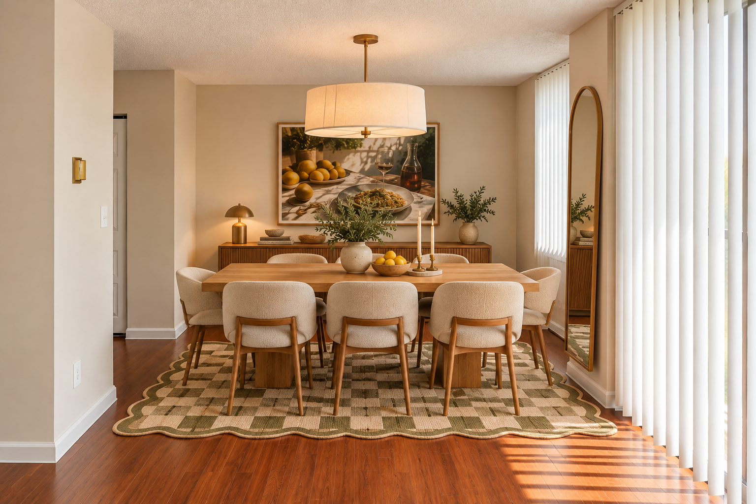Modern living room at Westchester Tower Apartments featuring a large wooden table and chairs