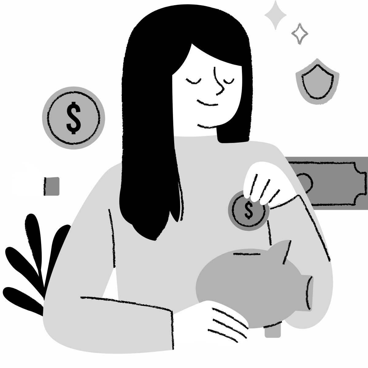 A woman placing a coin into a piggy bank surrounded by icons of money, a shield, and a dollar sign, representing saving and financial security.