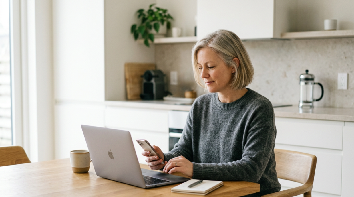 Woman sitting at a table reviewing a message on her cellphone while working on her laptop