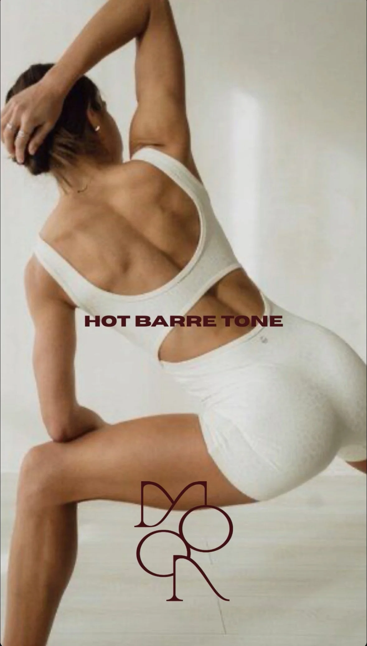 A woman in a white athletic outfit doing a yoga pose against a plain background, with the words "HOT BARRE TONE" and a logo in the foreground.