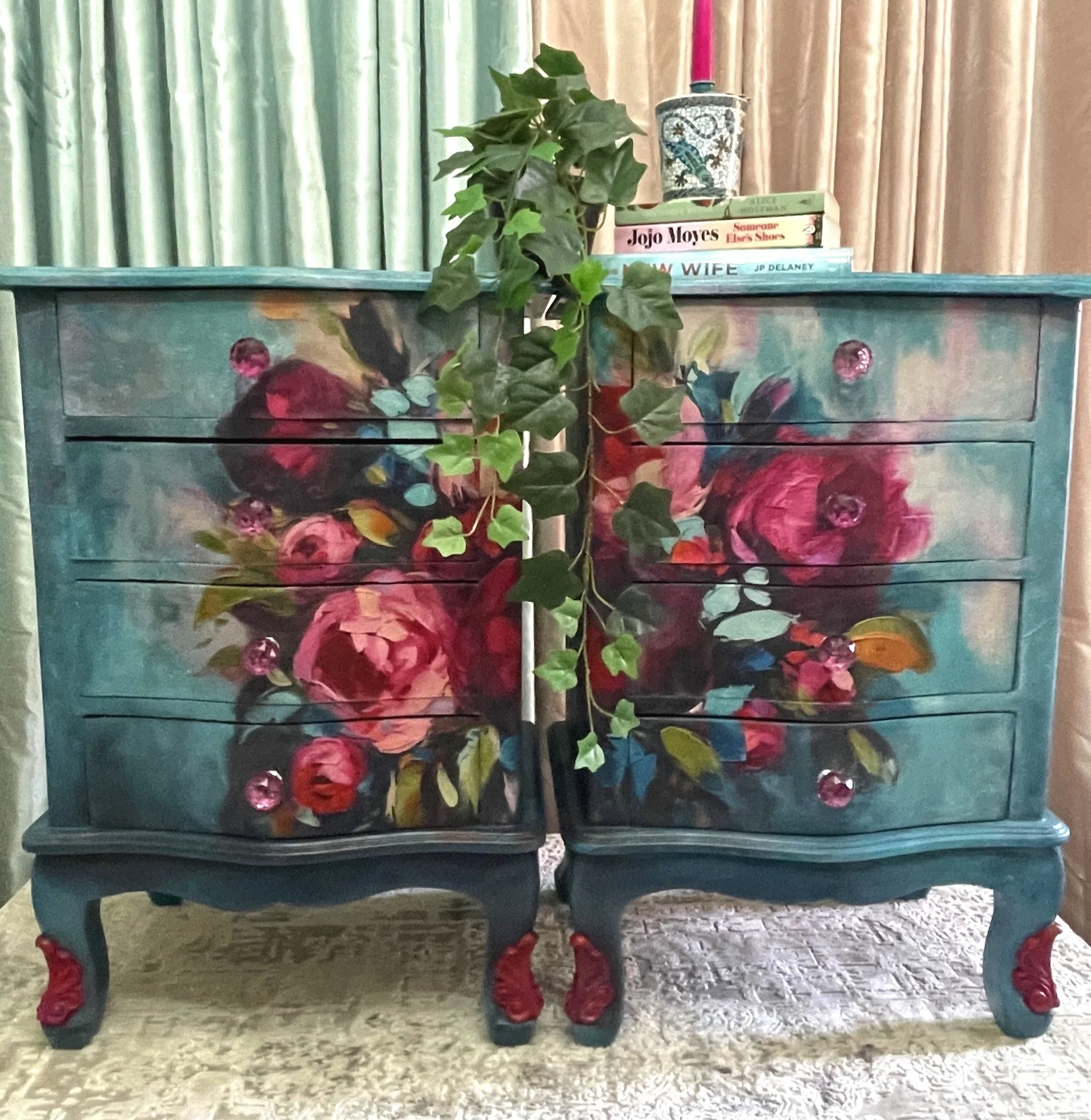 Blue and Pink Floral Bedside Cabinet