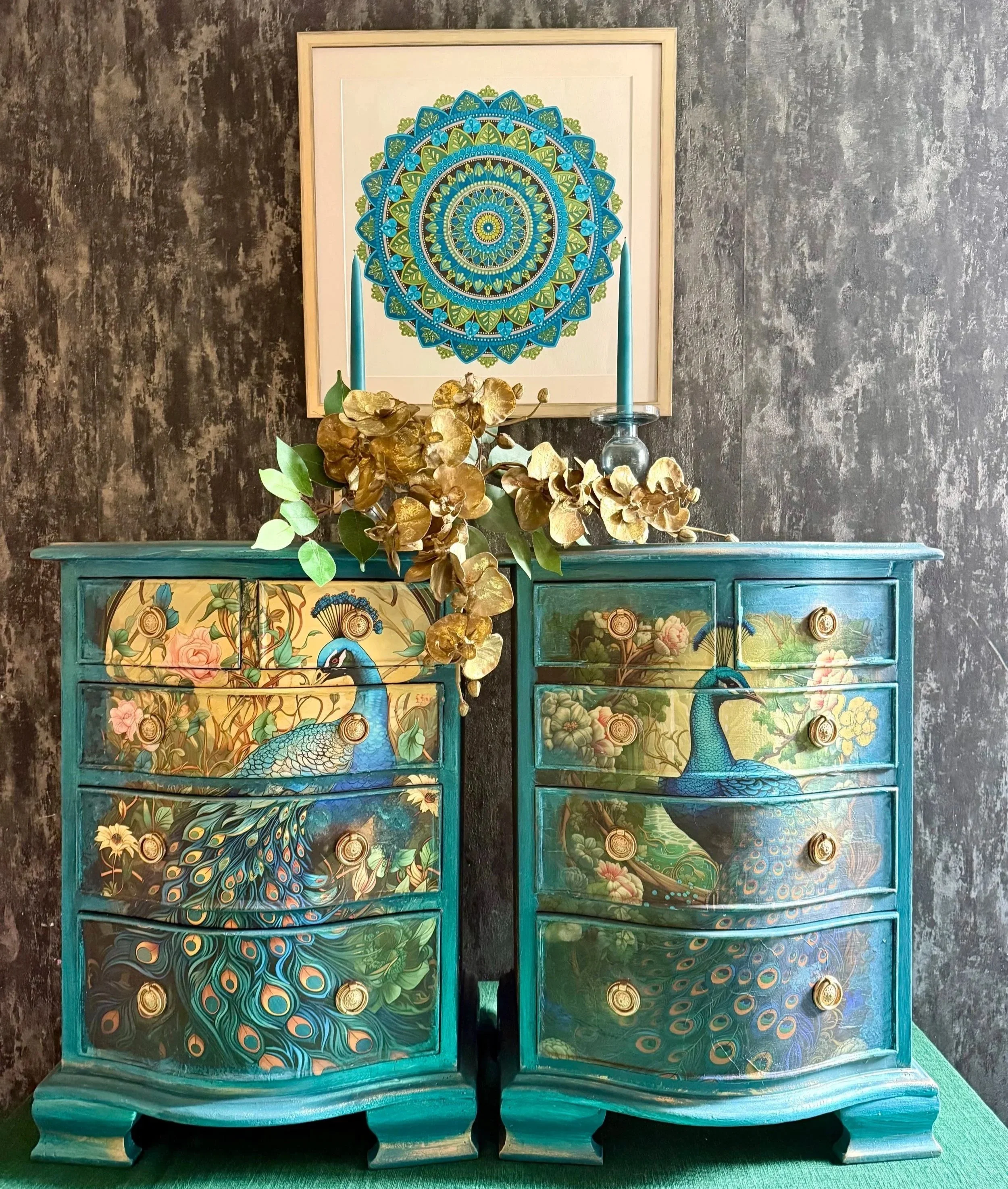 Turquoise set of peacock bedside drawers 