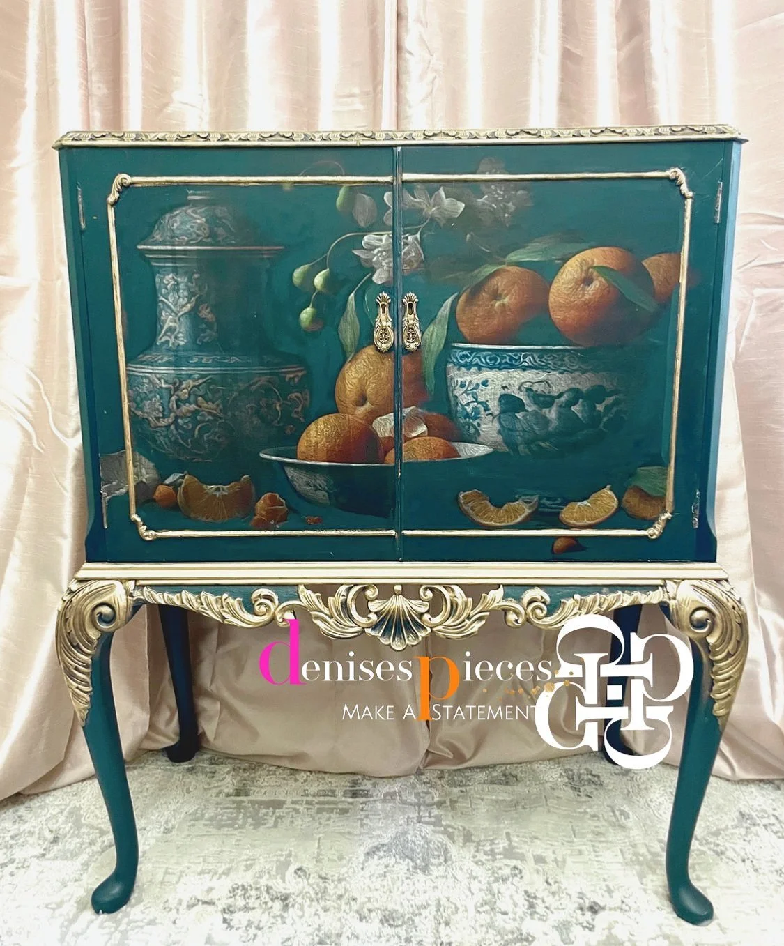 hand-painted blue queen anne style wine cabinet with old world style decoupage and gold detailing by uk based artist Denise’s pieces