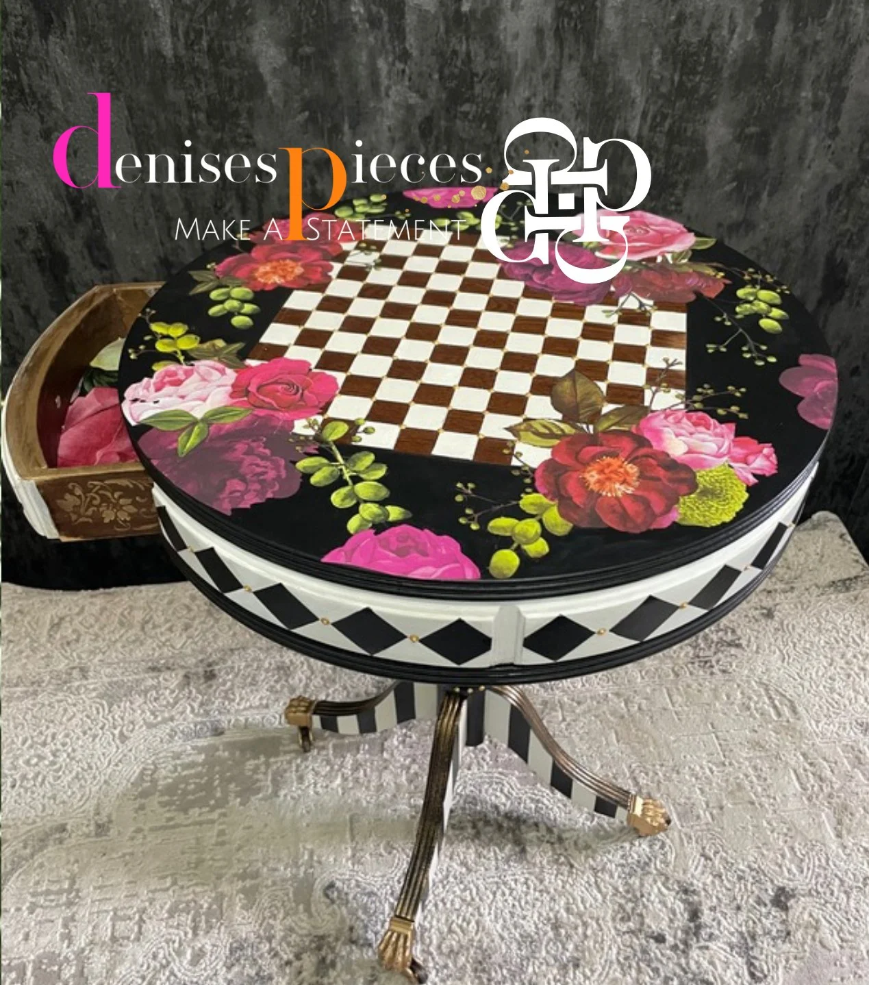 hand painted black and white chessboard style drum table perfect for a maximalist enthusiast it makes a statement furniture