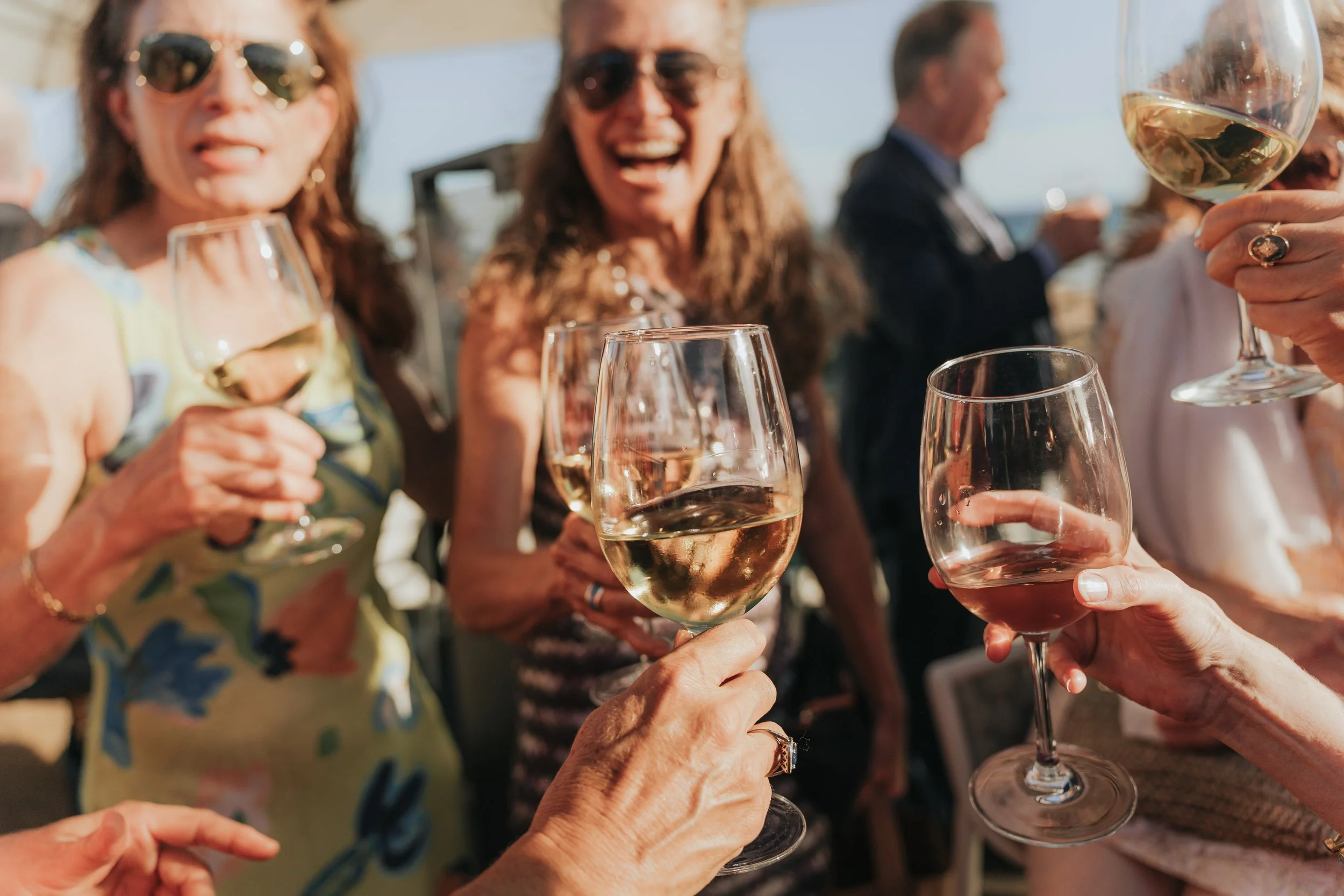 People holding glasses of white wine in a toast at an outdoor gathering.
