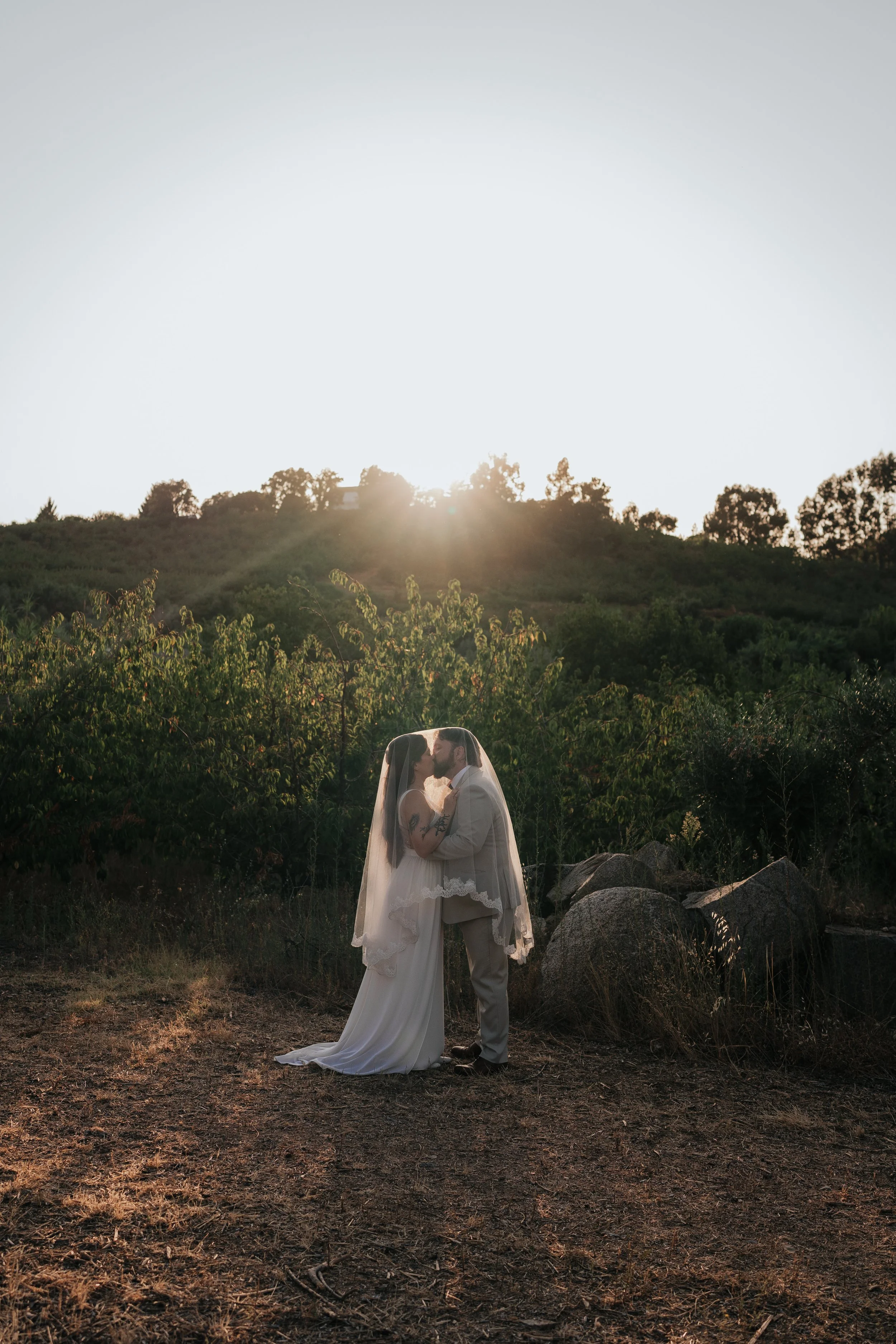 Bride and groom kissing under the veil in a sunny vineyard in Portugal