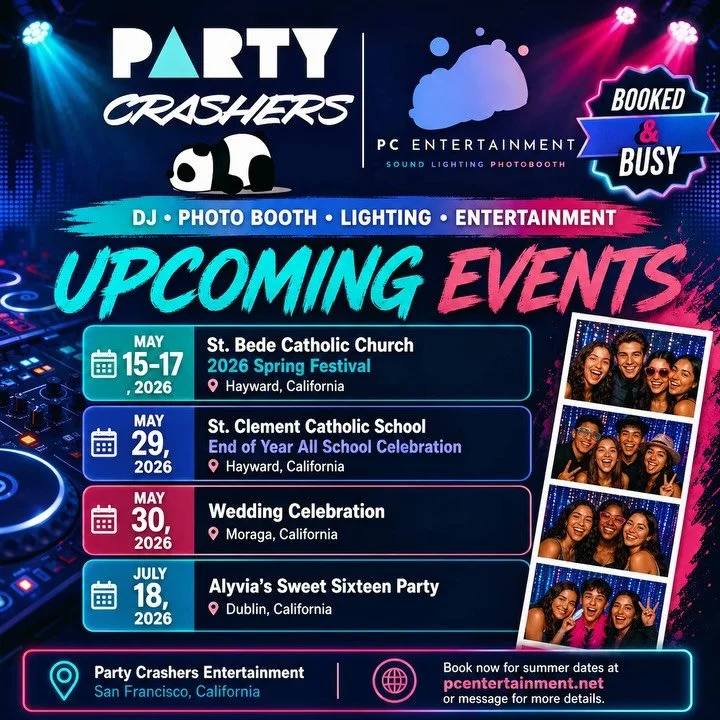 Summer dates are filling fast.

Party Crashers Entertainment has a packed lineup of upcoming events, and we are ready to bring the sound, lighting, DJ energy, and photo booth experience to every celebration.

From school festivals and end of year eve