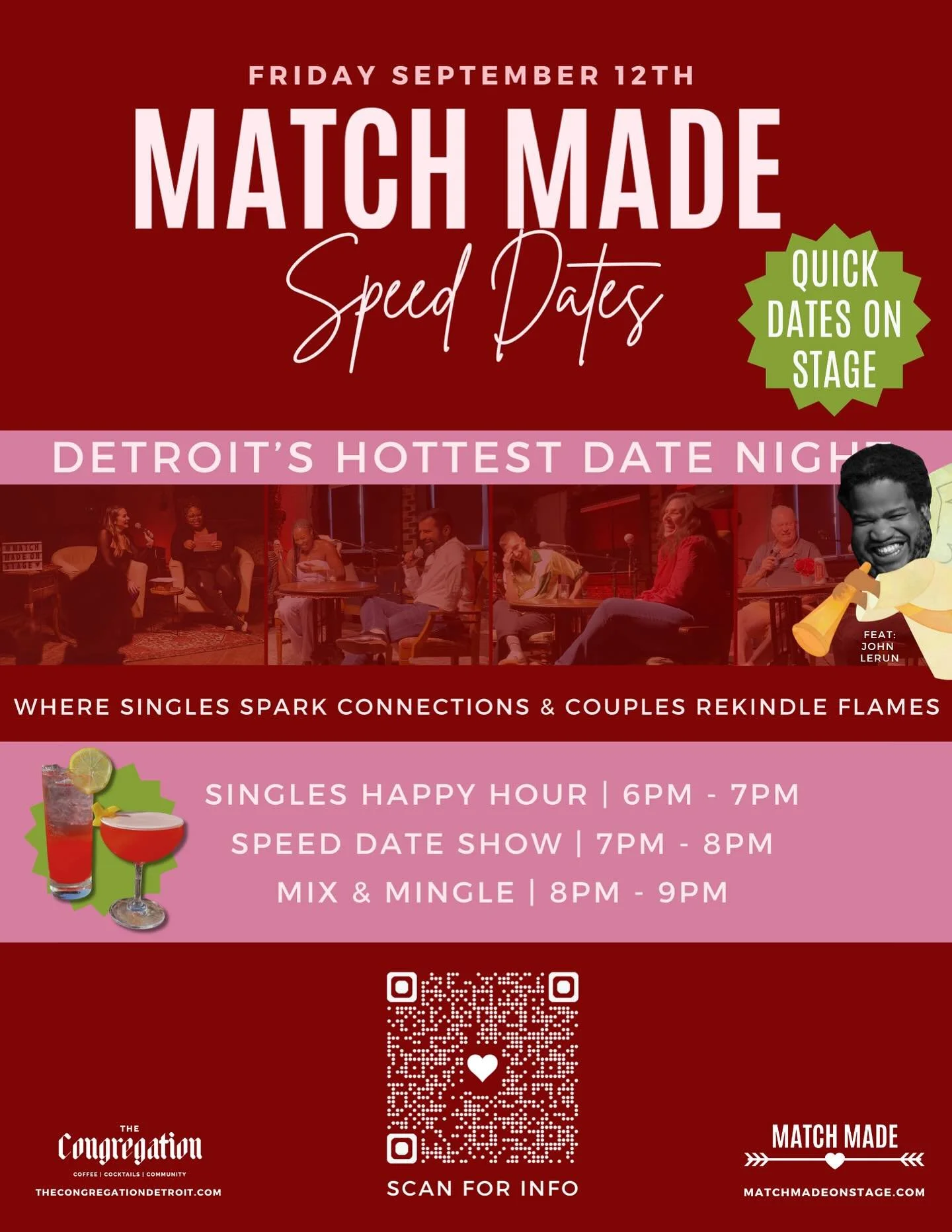 Friday, September 12th &ndash; Match Made Speed Dates is ready for another eventful night!
Get ready for an evening packed with laughs, sparks, and surprises! Join us for a one-of-a-kind night combining Happy Hour, a live Speed Date Show, and a Mix &