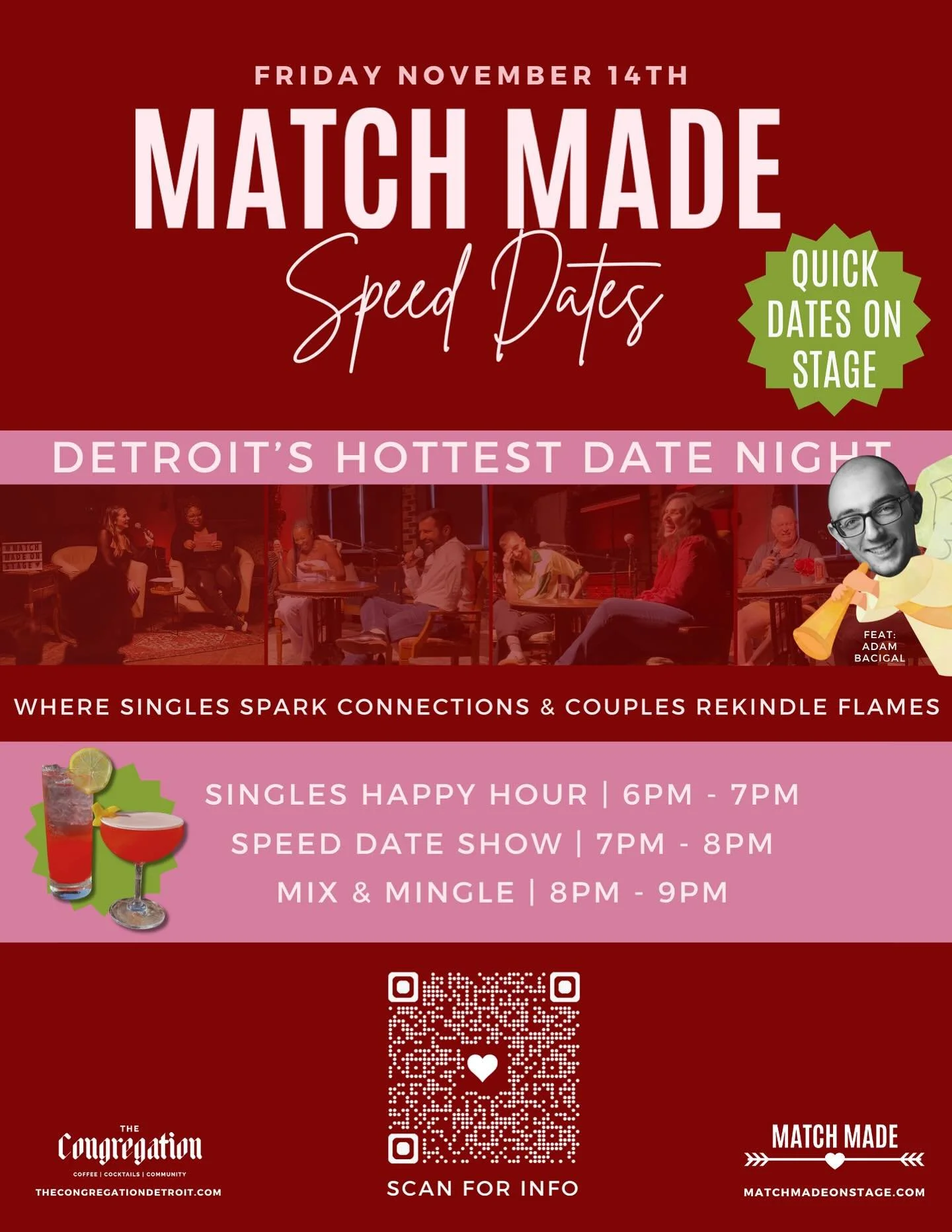 We&rsquo;re back for the fall and winter season &mdash; so warm up to Detroit&rsquo;s hottest date night on Fri. November 14th at Match Made Speed Dates at @thecongregationdetroit !

Join our newest Cupid and special guest @adam_bagel as we invite st