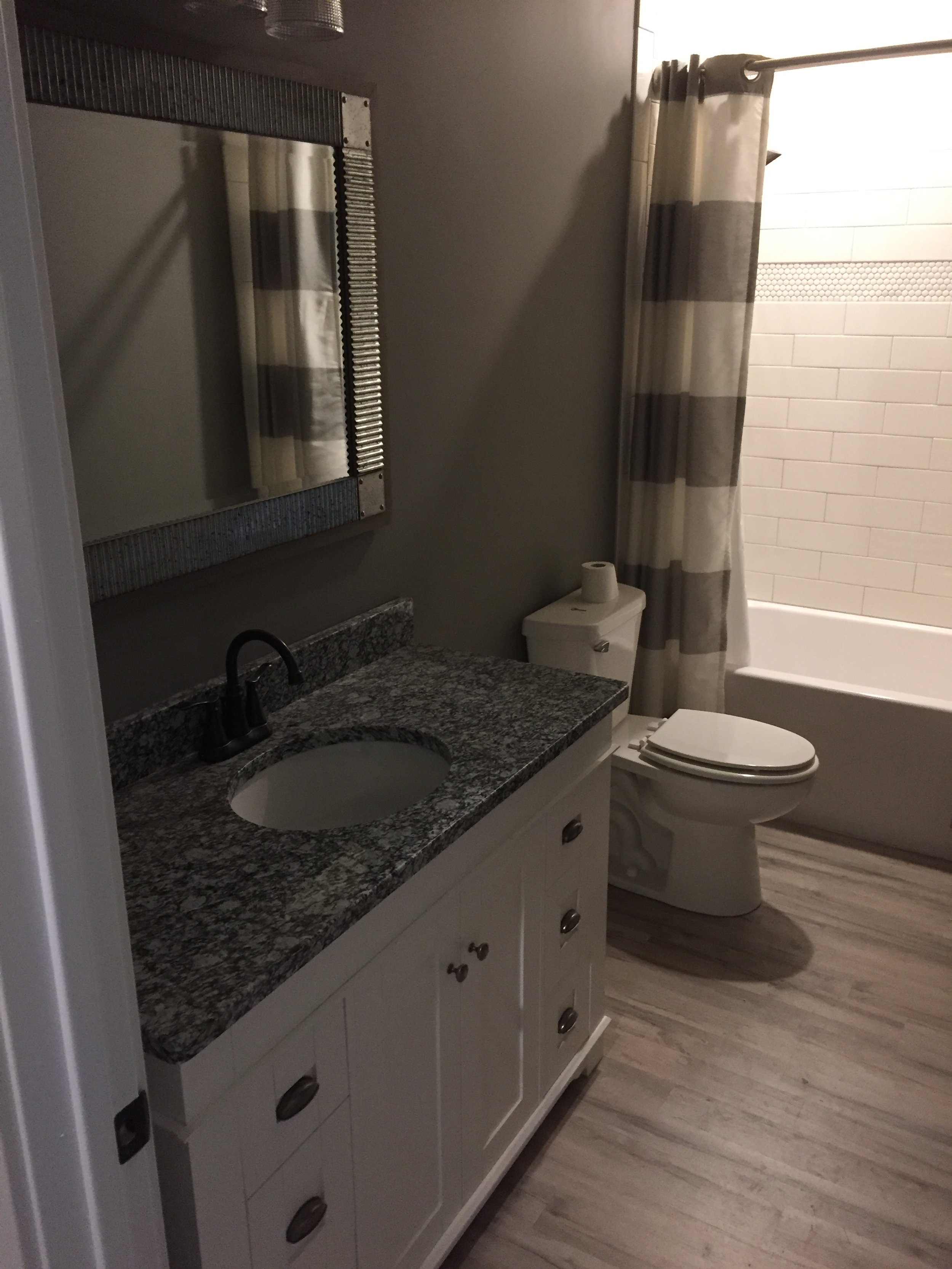 A bathroom featuring a granite countertop vanity with a round cutout for a sink, a framed mirror above it, a toilet with a toilet paper roll on top, and a bathtub with a striped shower curtain, all with wood-like flooring.