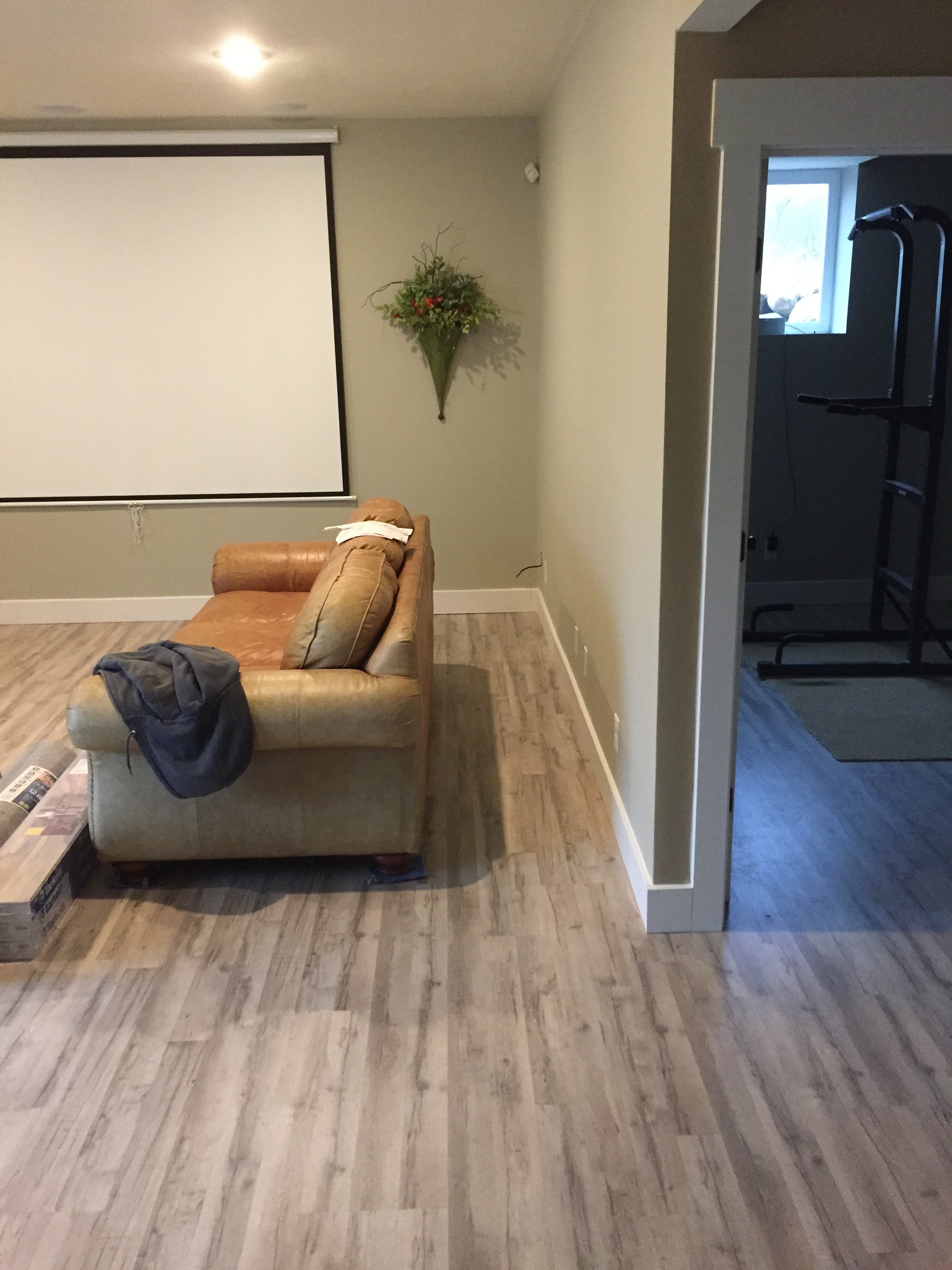 Living room with a beige couch, a TV screen on a wall, a green wall-mounted floral arrangement, and a projection screen. There is a doorway leading to a small workout area with exercise equipment, and a window with natural light.